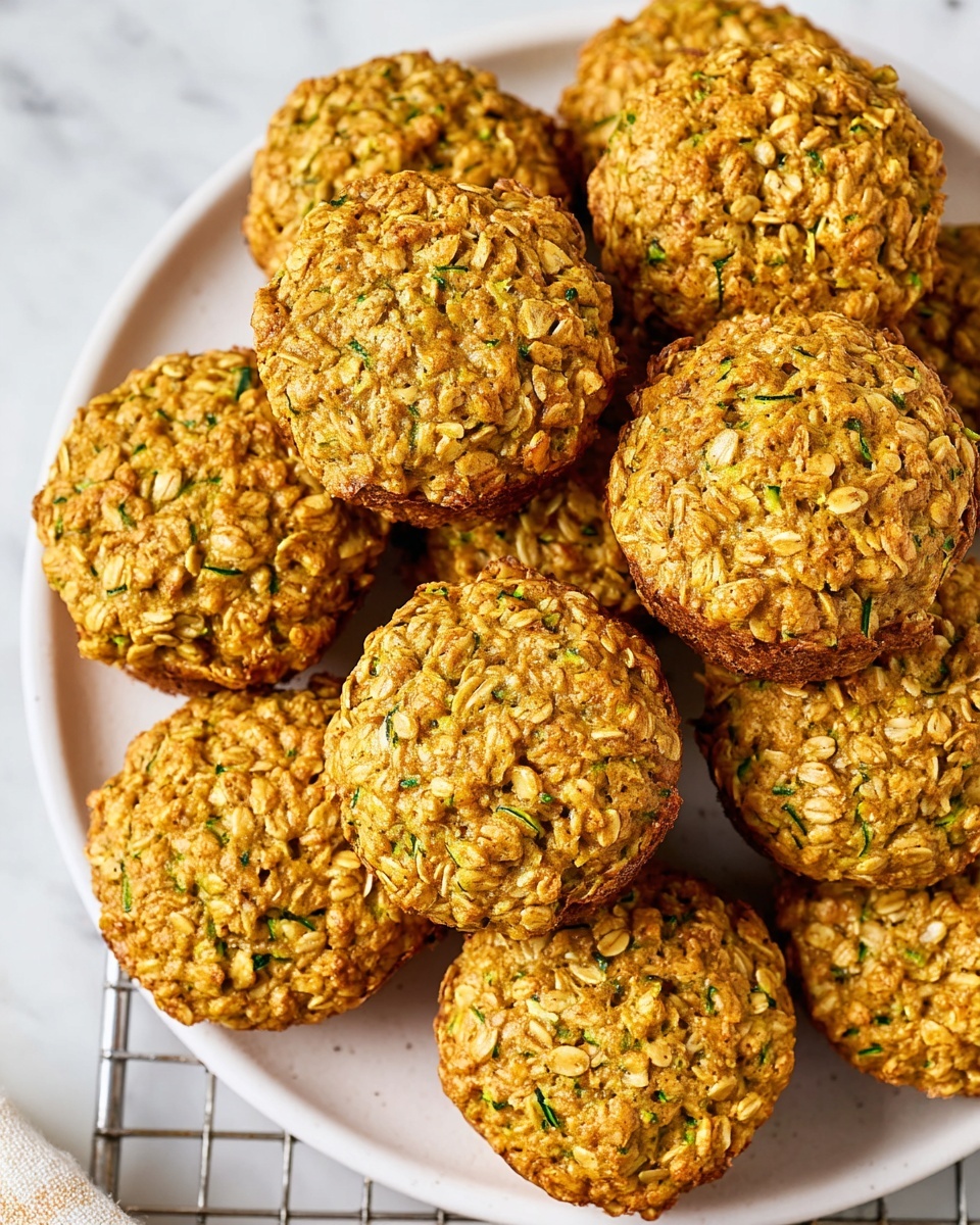 Large white plate piled high with a full batch of golden-baked oatmeal zucchini muffins, each muffin perfectly round with a textured, slightly crunchy oat exterior interspersed with flecks of green zucchini, arranged neatly together to showcase the wholesome and hearty nature of the muffins, shot from a 3/4 angle on a white marble surface with natural lighting highlighting the warm tones and rustic appeal, styled like a premium food magazine hero shot, photo taken with an iphone --ar 4:5 --v 7