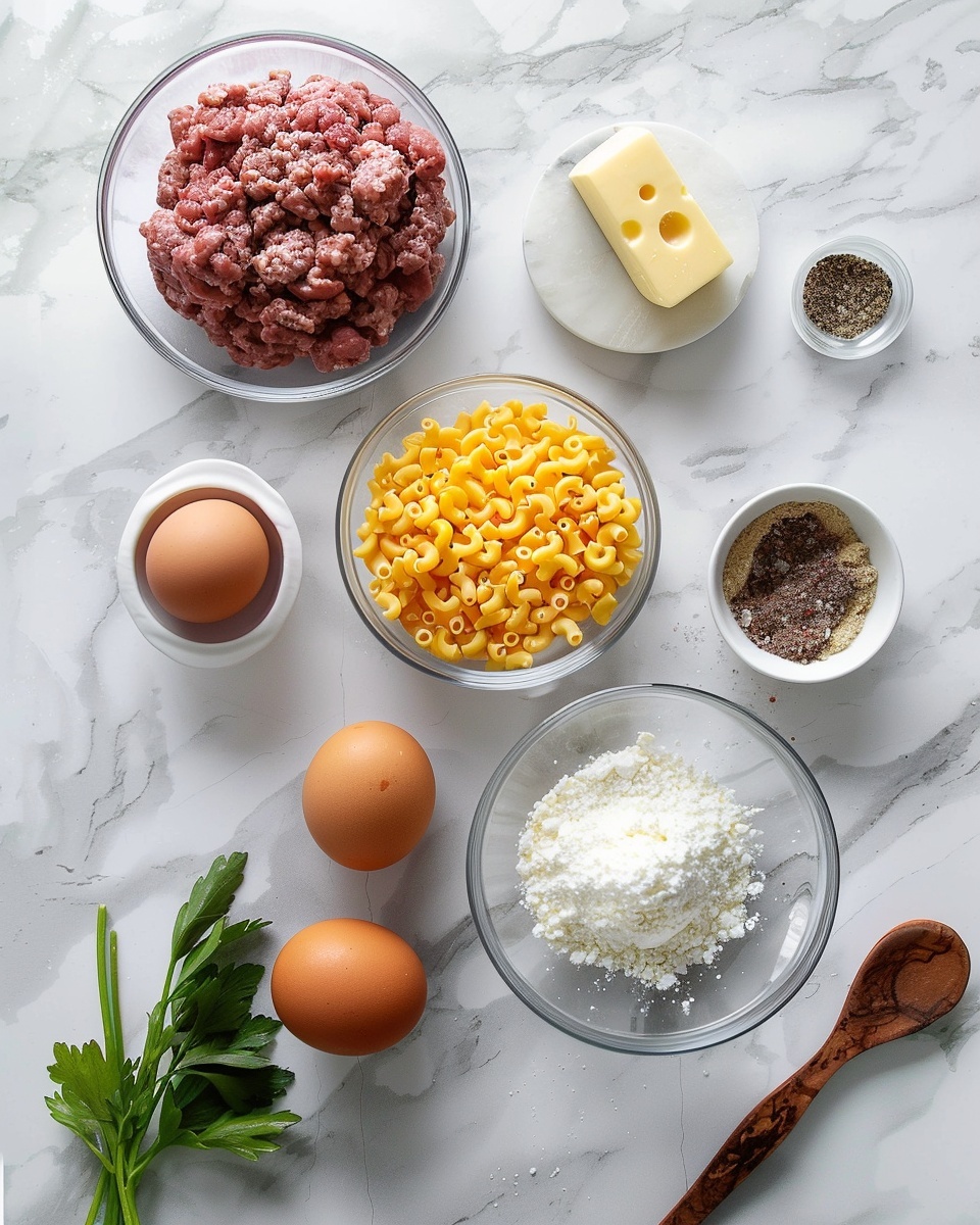 Single white plate holding one plated portion of cheesy beef and macaroni casserole, close-up angled shot revealing layers of tender ground beef mixed with pasta, creamy cheese filling, and a bubbling golden melted cheddar topping, garnished with a sprig of fresh parsley on the side, natural light highlighting the rich textures on a white marble surface, intimate plated serving photo taken with an iphone --ar 4:5 --v 7
