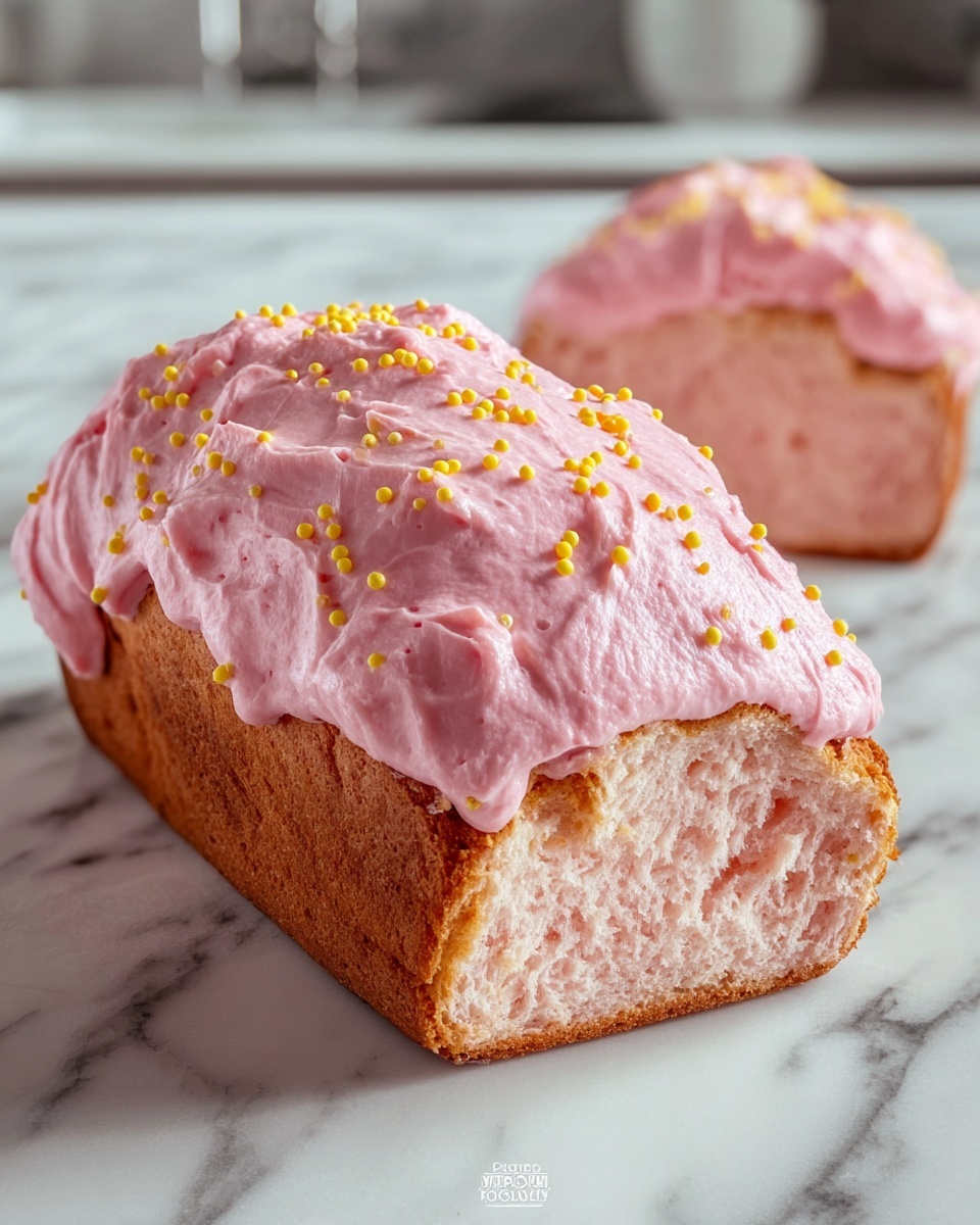 Whole pink sweet bread loaf with a soft, fluffy texture visible through the crust, topped generously with smooth pink frosting speckled with small yellow sprinkles, presented whole and uncut on a white marble surface, shot from a professional 3/4 angle with natural lighting, styled as a hero food magazine photo taken with an iphone --ar 4:5 --v 7