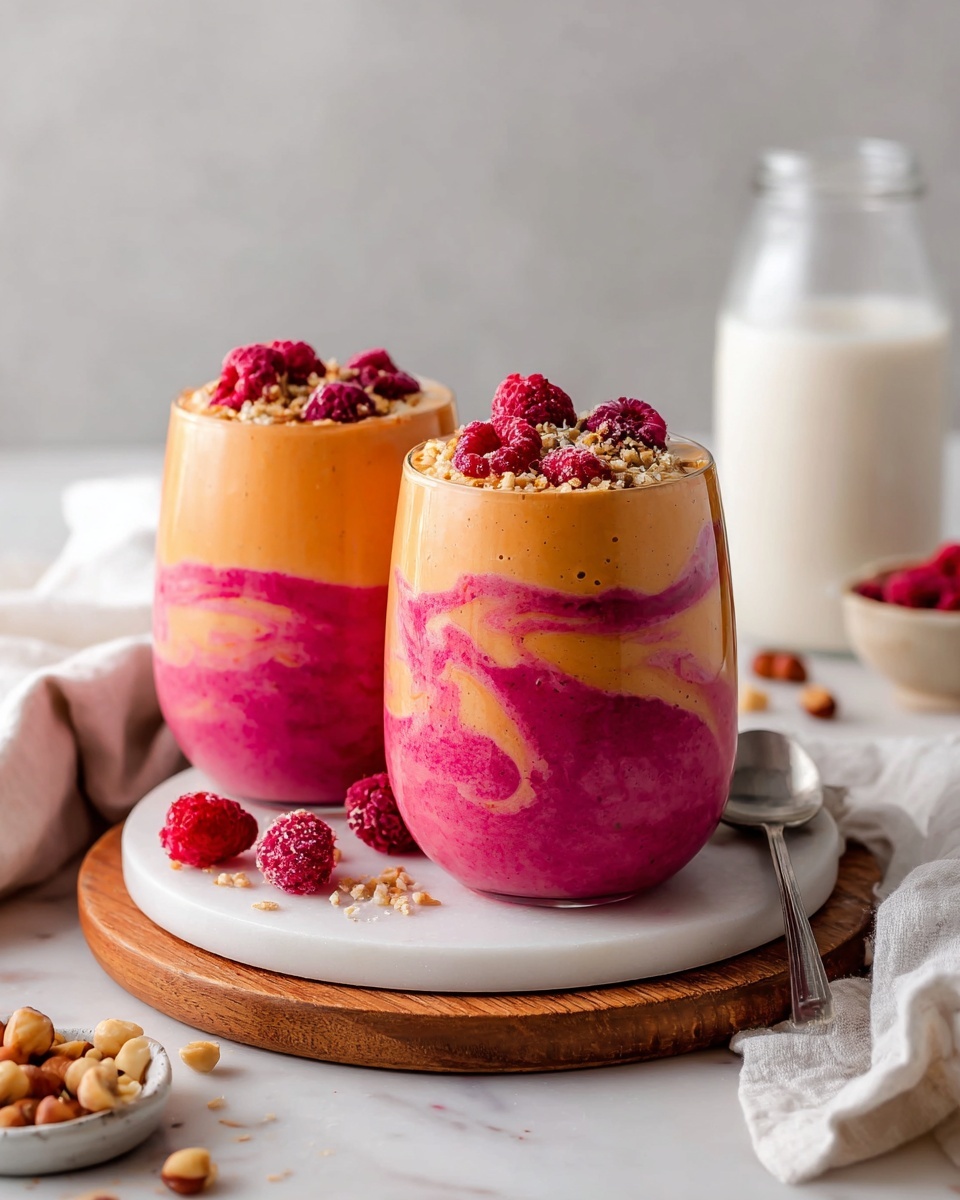 Two large white glasses filled with layered peanut butter and raspberry smoothie, showcasing vibrant pink and creamy orange swirls, topped with fresh raspberries and crushed nuts, arranged side by side on a round wooden board with a white marble surface underneath, garnished with whole raspberries and hazelnuts, accompanied by a glass jar of milk and a white cloth napkin, natural lighting highlights the creamy textures, professional 3/4 angle food magazine hero shot, photo taken with an iphone --ar 4:5 --v 7