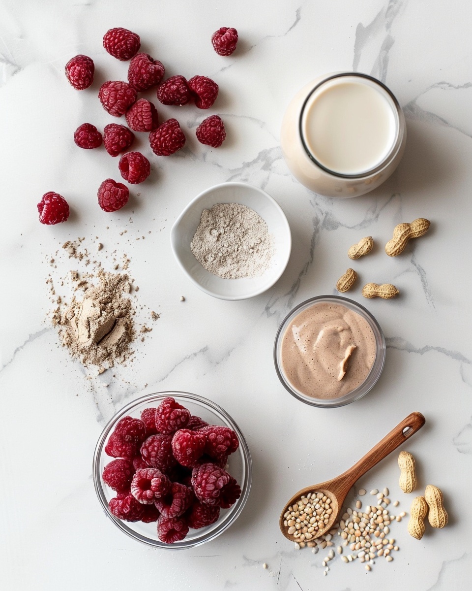 A single white glass filled with a layered serving of vibrant pink raspberry smoothie, swirled generously with creamy golden peanut butter inside, topped with fresh whole raspberries and a sprinkle of chopped peanuts, revealing the smooth texture and rich layers, placed on a white plate on a white marble background, natural lighting highlighting the fresh ingredients, styled close-up shot with depth and detail, photo taken with an iphone --ar 4:5 --v 7