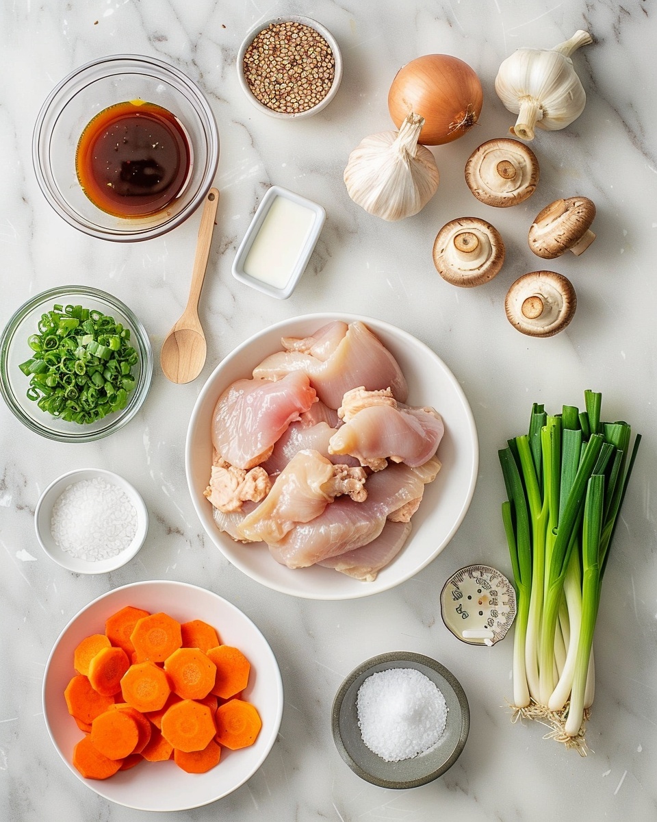 Single white bowl with a generous serving of rich chicken stew featuring tender, shredded chicken pieces, vibrant orange carrot chunks, and hearty mushroom slices immersed in a flavorful, reddish-brown broth, garnished with fresh chopped green onions, photographed close-up at an angled view to emphasize the textures of the chicken fibers, vegetables, and broth, set on a pristine white marble surface under natural lighting, styled as an intimate, ready-to-eat portion from a food blog, photo taken with an iphone --ar 4:5 --v 7