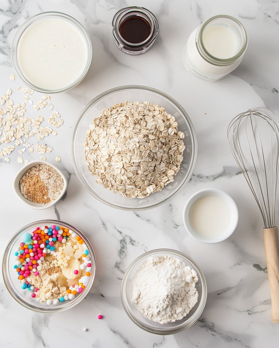 Single white ramekin filled with a warm, freshly baked individual portion of a moist cake-like dessert, topped with a generous drizzle of creamy white glaze and colorful red, green, and pink sprinkles, close-up angled shot revealing the tender crumb texture inside as a spoon lifts a bite, resting on a clean white marble surface under natural light, styled as an intimate plated serving photo taken with an iphone --ar 4:5 --v 7