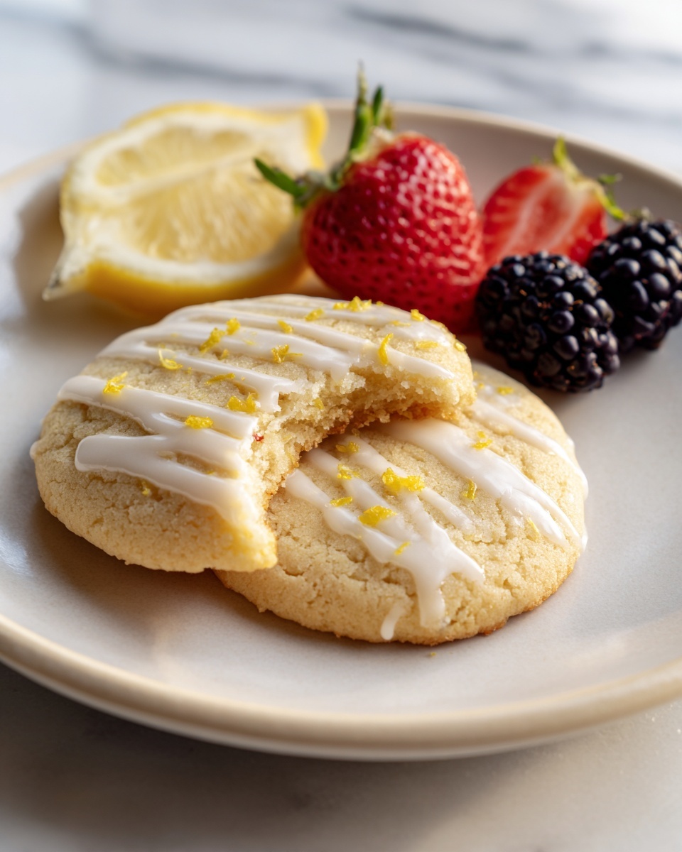 Large white ceramic plate filled with a complete batch of lemon cookies, each cookie round and lightly golden, drizzled with white icing and sprinkled with fresh lemon zest, arranged neatly to fill the entire plate's surface; alongside the cookies, a generous portion of halved fresh strawberries and whole blackberries arranged in separate sections on the same white plate; photographed from a three-quarter angle with natural lighting on a white marble countertop, styled professionally like a food magazine hero shot, photo taken with an iphone --ar 4:5 --v 7