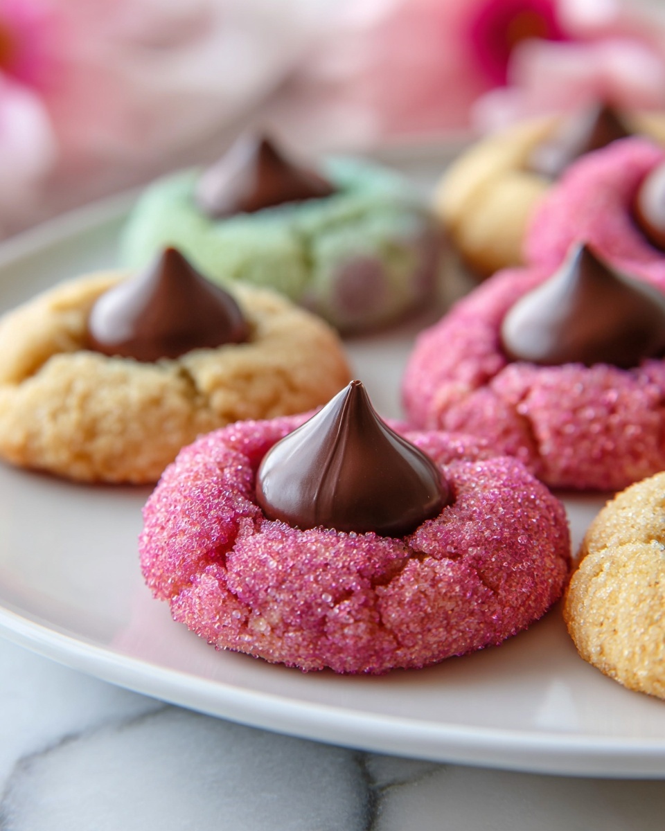 Large white scalloped serving platter and matching white cake stand filled with an assortment of colorful round thumbprint cookies coated in vibrant pastel sugars of pink, yellow, green, blue, and purple, each topped with a rich chocolate kiss in the center, beautifully arranged in neat circular patterns, whole display on white marble surface with soft natural lighting, professional food magazine hero shot photo taken with an iphone --ar 4:5 --v 7