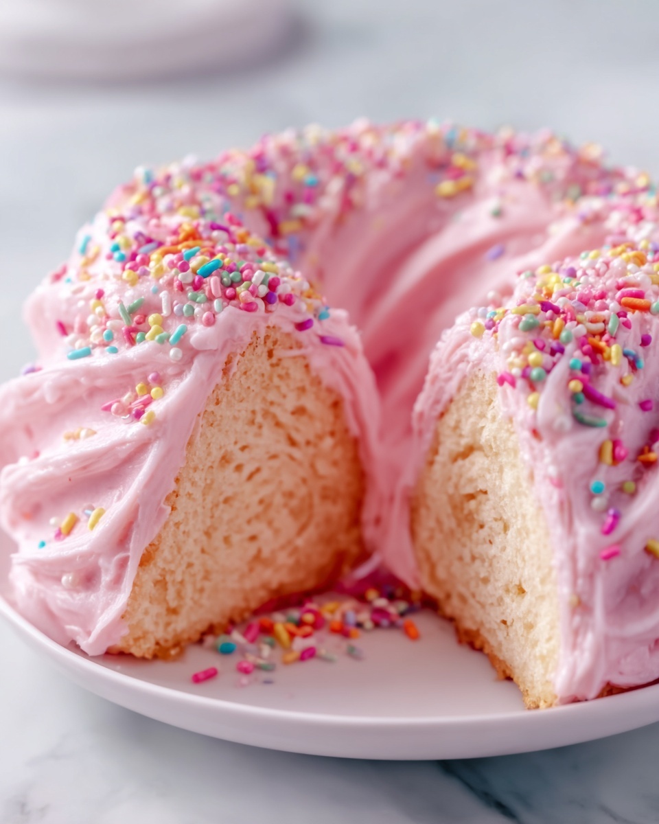 Whole pink frosted bundt cake covered in smooth, swirled buttercream icing sprinkled evenly with a colorful assortment of tiny round sprinkles, presented on a white cake stand over a white marble countertop, professional food styling with natural lighting, photographed from a 3/4 angle showing the entire cake in frame, like a hero shot from a food magazine, photo taken with an iphone --ar 4:5 --v 7