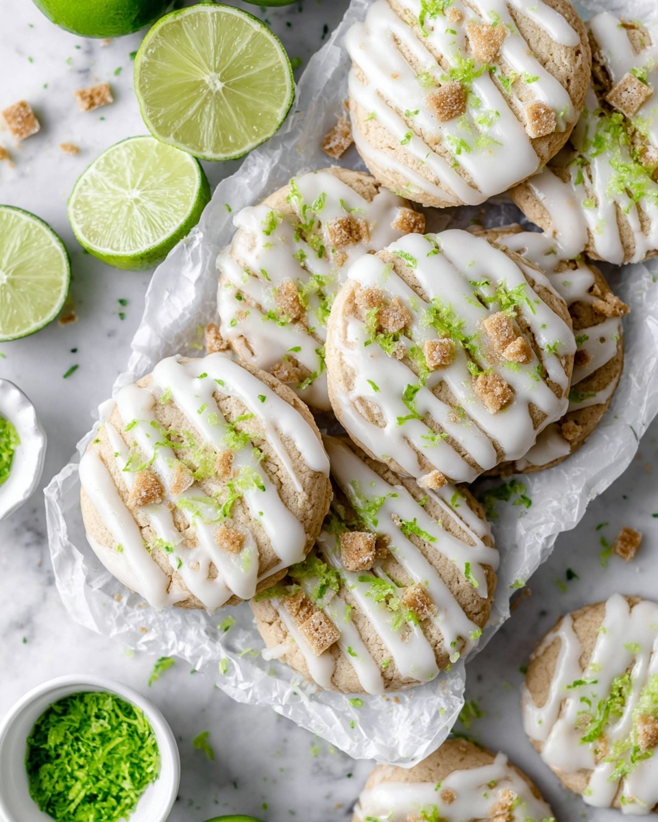 A white rectangular platter overflowing with several whole lime sugar cookies, each generously drizzled with glossy white icing and topped with scattered crushed graham cracker pieces and bright green lime zest, creating a fresh and vibrant contrast. The cookies are arranged closely together on crinkled parchment paper, surrounded by halved limes and small white bowls containing additional lime zest and icing, shot from a 3/4 angle with natural light highlighting the texture and freshness on a white marble background, professional food styling photo taken with an iphone --ar 4:5 --v 7