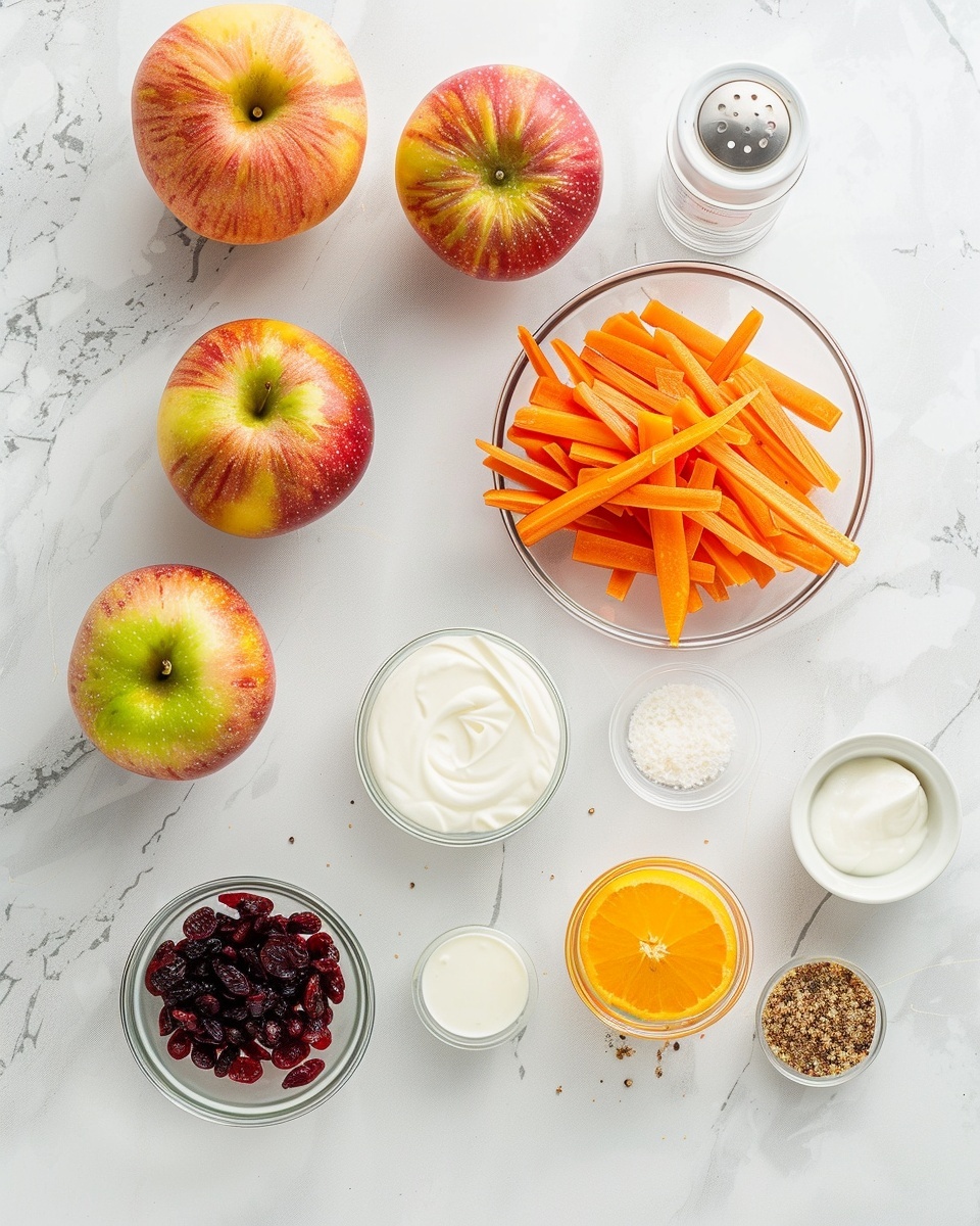 Single white bowl containing a vibrant portion of fresh Waldorf salad with visible julienned carrots, crisp apple slices, juicy mandarin orange segments, dried cranberries, and small cucumber sticks, all lightly coated in creamy dressing, close-up angled shot emphasizing the colorful textures and mixed layers of fruit and vegetables, placed on a white marble surface, natural lighting highlighting freshness, intimate plated serving photo taken with an iphone --ar 4:5 --v 7