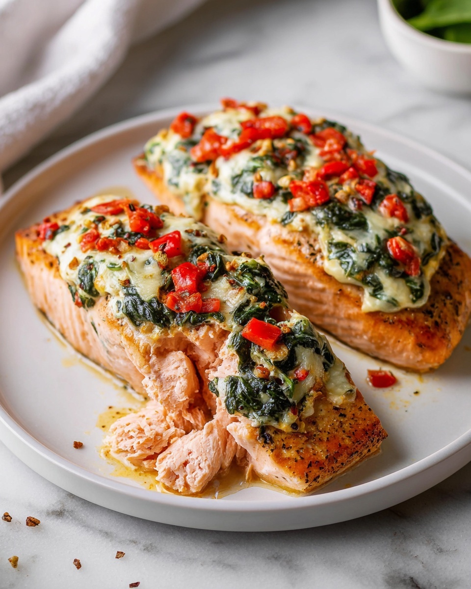 Large white oval serving platter filled with four whole fillets of baked salmon, each topped with a creamy mixture of spinach, feta cheese, and diced red bell peppers, seasoned with black pepper, glistening with a light golden finish from baking, photo taken from a 3/4 angle on a white marble countertop, natural lighting emphasizing the vibrant colors and fresh ingredients, professional food styling photo taken with an iphone --ar 4:5 --v 7