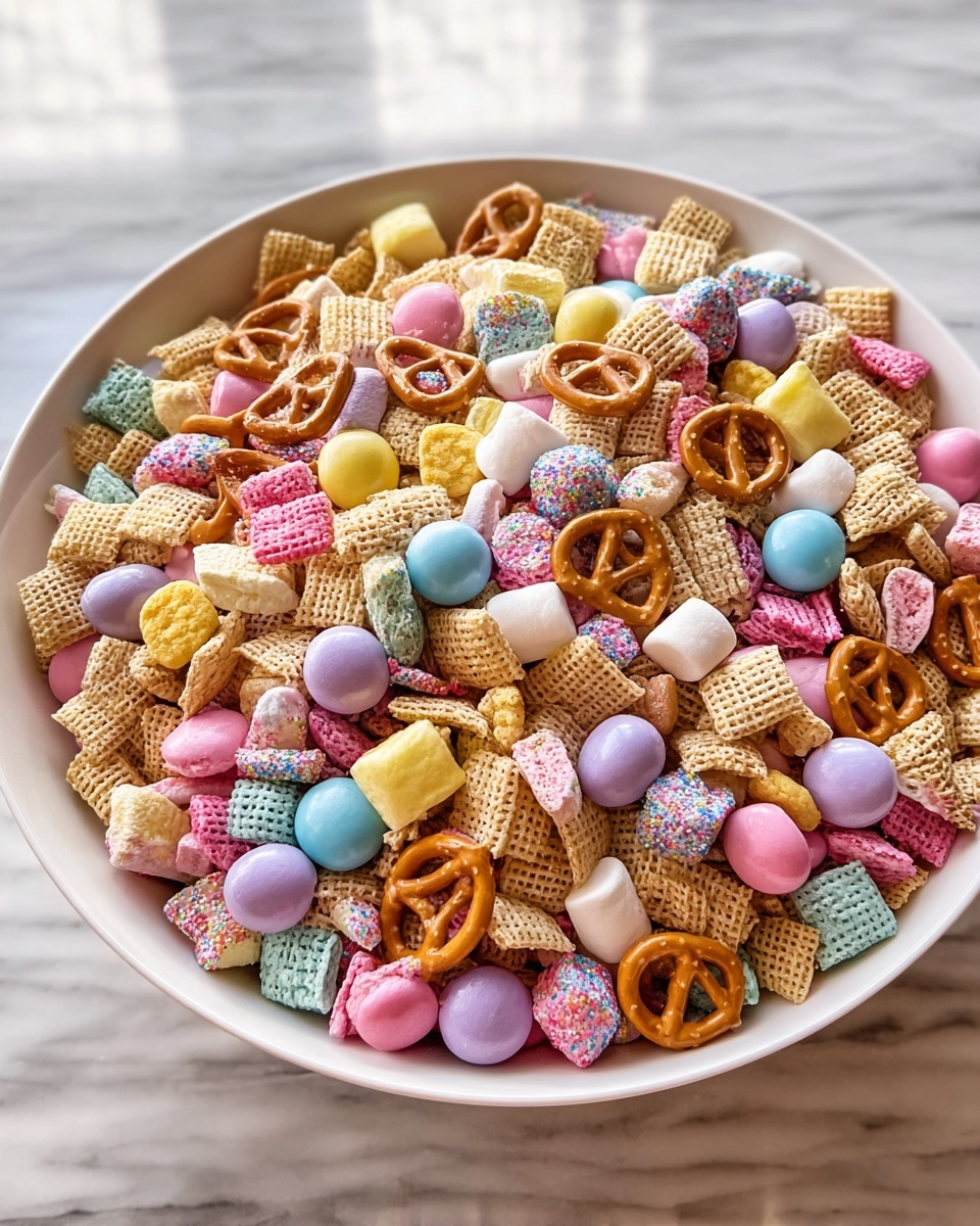 Large white bowl filled to the brim with an assortment of colorful snack mix featuring pastel-colored and natural-toned Chex cereal pieces, small crunchy pretzels, round candy-coated chocolates in soft pinks, yellows, blues, and purples, mini marshmallows, and pastel-colored, sprinkle-covered bite-sized treats, shot in natural light from a 3/4 angle, entire bowl in frame against a clean white marble background, styled with a bright and airy food magazine aesthetic, photo taken with an iphone --ar 4:5 --v 7