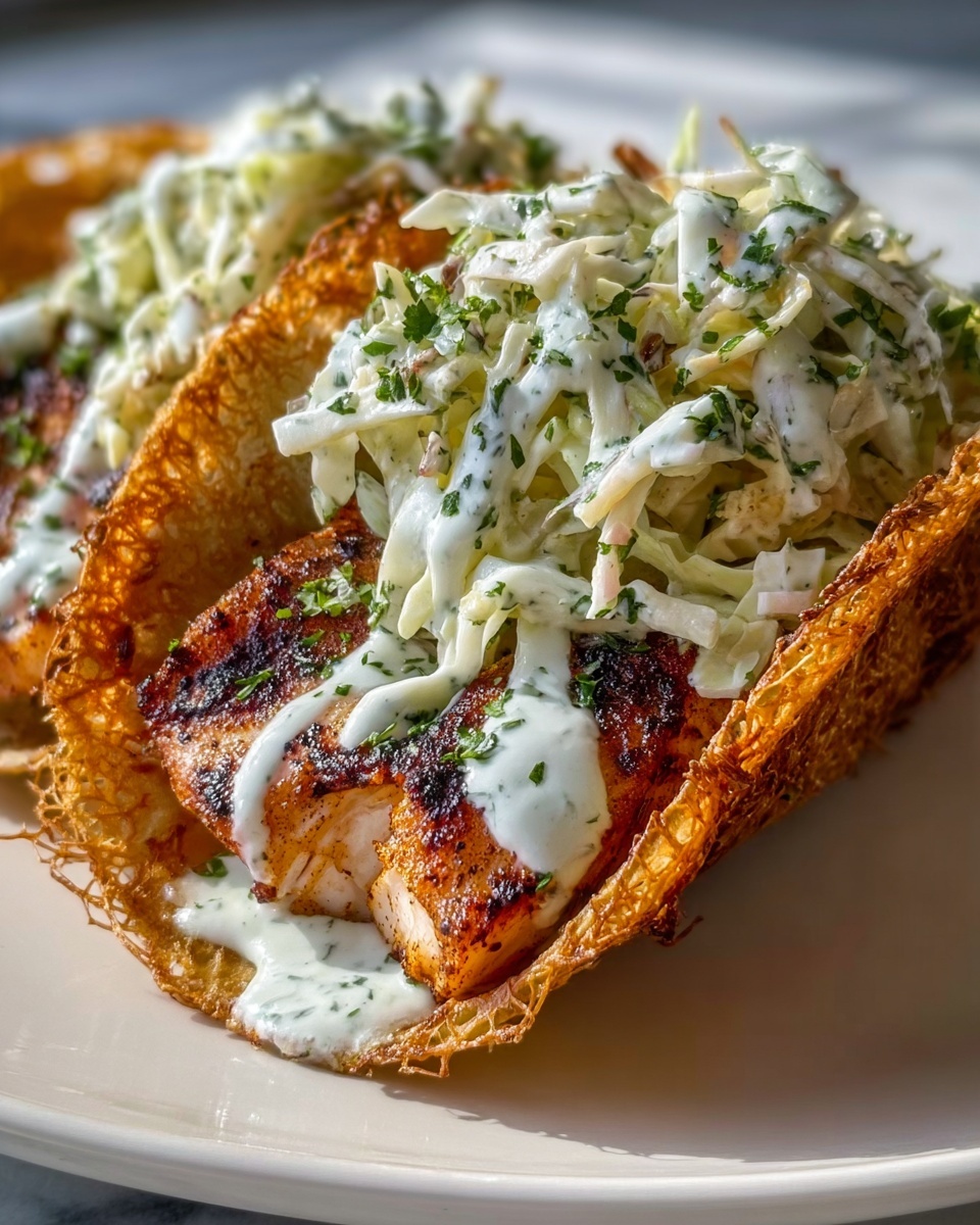 Large white plate featuring a row of fully assembled grilled fish tacos with golden, slightly crisp corn tortillas, filled with seasoned grilled fish fillets, topped with generous shredded cabbage and drizzled with creamy herb-infused sauce. A small white ramekin of matching sauce sits beside the tacos, all arranged neatly on a white marble countertop with natural lighting highlighting the textures and vibrant colors, professional food styling photo taken with an iphone --ar 4:5 --v 7