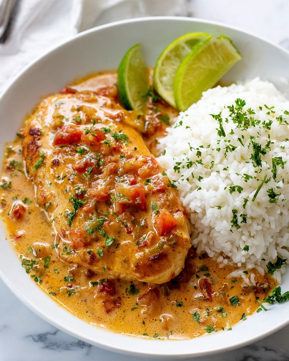 Large round white ceramic skillet filled with five golden seared chicken pieces simmering in a rich, creamy, textured sauce with diced tomatoes and finely chopped herbs, garnished generously with fresh lime wedges and chopped parsley, presented on a white marble countertop with natural lighting, professional 3/4 angle food magazine hero shot, photo taken with an iphone --ar 4:5 --v 7