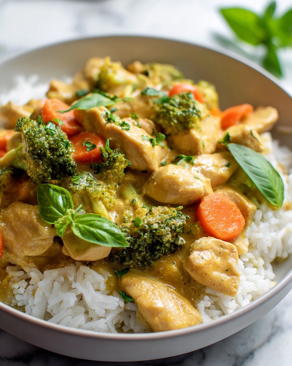 Thai Coconut Chicken Stir-Fry Recipe 6 Large white ceramic pan filled with creamy Thai-style chicken curry, showcasing tender chunks of chicken, bright orange carrot slices, and vibrant green broccoli florets in a rich, smooth coconut curry sauce, garnished with fresh Thai basil leaves and lime wedges on the side, presented on a white marble countertop, shot with natural lighting from a 3/4 angle, professional food magazine hero shot, photo taken with an iphone --ar 4:5 --v 7