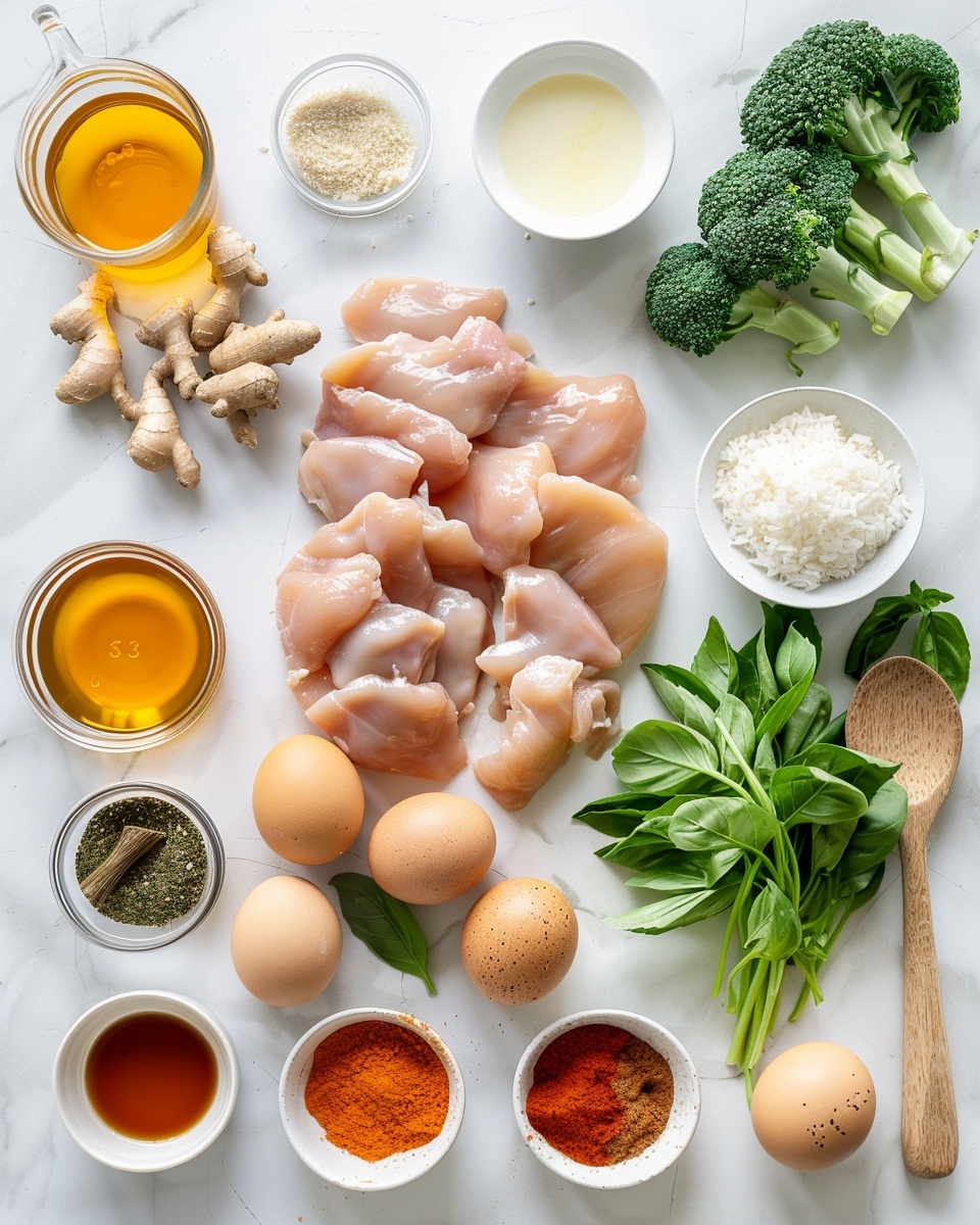 Thai Coconut Chicken Stir-Fry Recipe 5 Single white shallow bowl presenting one serving of creamy chicken and broccoli curry with tender chicken pieces, vibrant broccoli florets, and sliced carrots all coated in a rich, golden sauce, nestled atop steaming white rice, garnished with finely chopped parsley and fresh basil leaves, angled close-up to reveal the smooth texture of the sauce and the juicy interior of the chicken pieces, placed on a white marble background with natural lighting for an intimate food blog style photo taken with an iphone --ar 4:5 --v 7