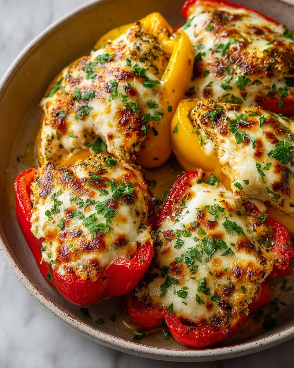 Cheesy Baked Chicken Breast and Peppers Recipe 6 Large white baking dish filled with multiple portions of cheesy stuffed bell peppers, each pepper generously filled with seasoned chicken and melted mozzarella cheese, topped with finely chopped fresh parsley, the peppers showcasing vibrant red and yellow colors with a golden, slightly charred crust, whole dish photographed from a 3/4 angle on a white marble countertop with natural lighting, professional food styling photo taken with an iphone --ar 4:5 --v 7
