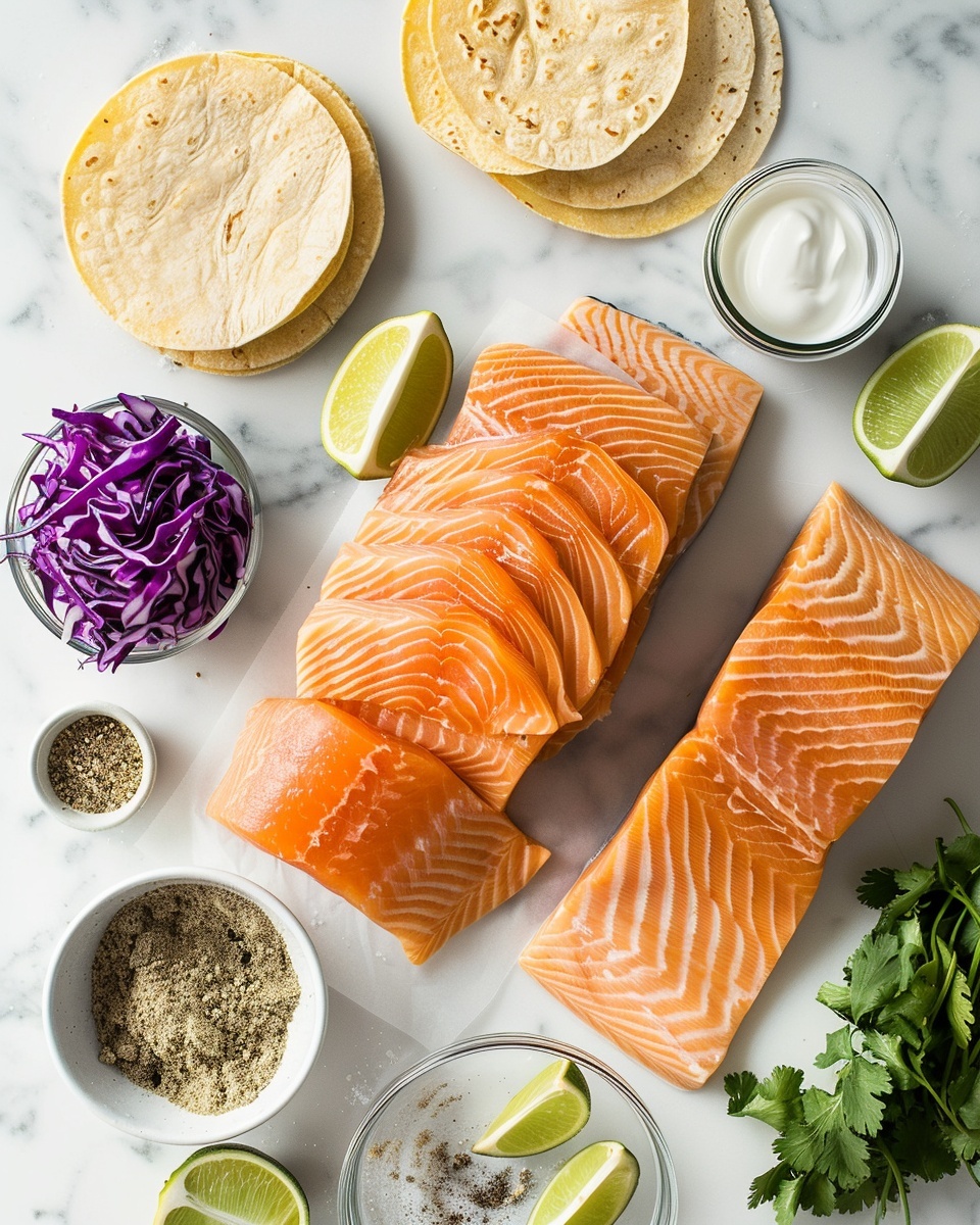 Easy Salmon Tacos with Slaw and Creamy Lime Kick Recipe 5 Single white plate with one grilled salmon taco nestled in a soft charred tortilla, showing a close-up angle that reveals the flaky, tender interior of the salmon fillet, topped with a generous drizzle of creamy white sauce speckled with green herbs, resting on a bed of vibrant shredded purple cabbage, garnished with fresh chopped cilantro, accompanied by a wedge of lime on the side, all set on a white marble surface with natural lighting, styled as an inviting, intimate plated serving photo taken with an iphone --ar 4:5 --v 7