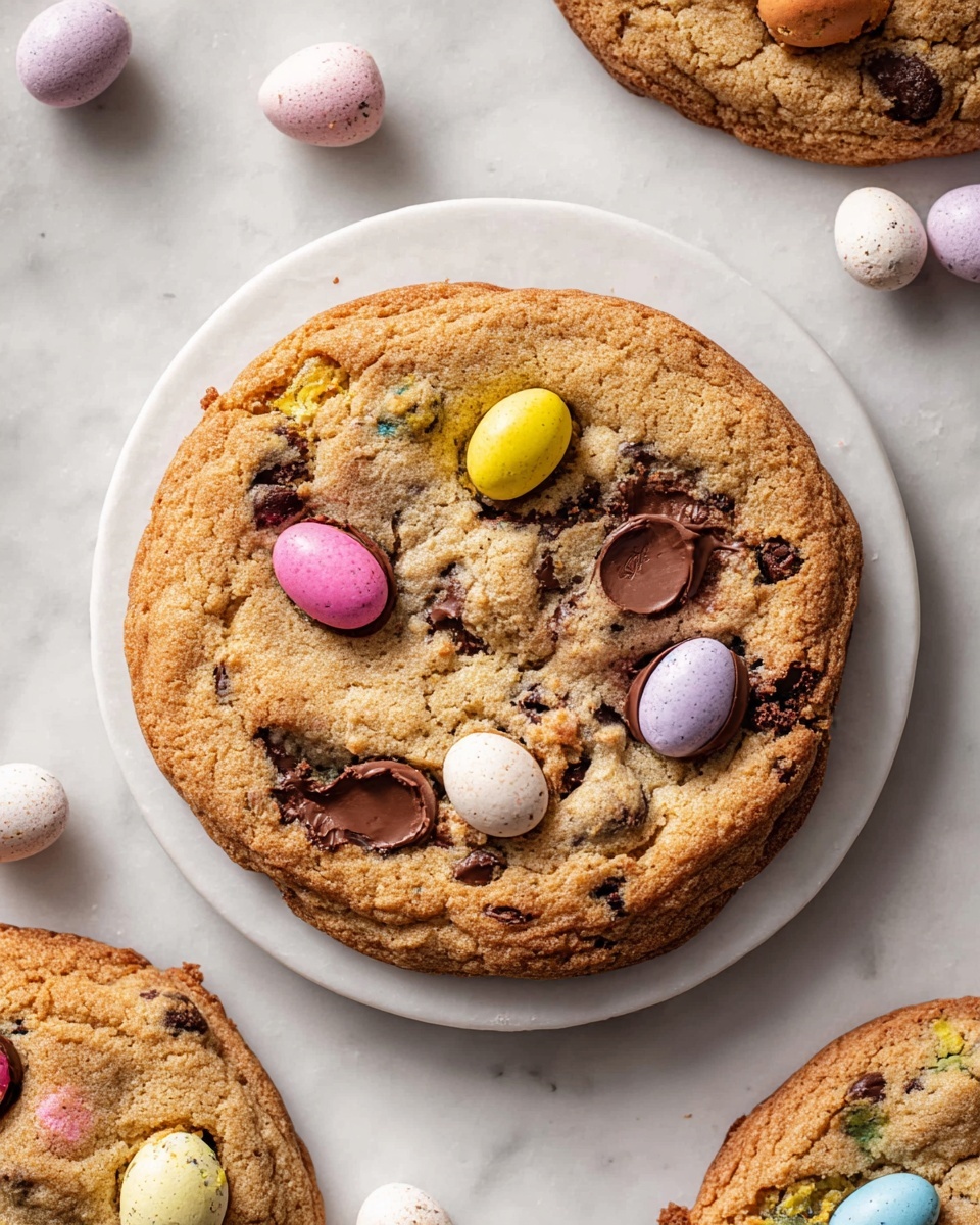 Large white plate filled with a full batch of freshly baked chocolate chip cookies topped generously with pastel-colored candy-coated chocolate eggs in pink, yellow, purple, and white, all arranged neatly with extra cookies spread around the plate on a white marble countertop, natural lighting highlighting the golden-brown edges and melted chocolate chunks, styled as a professional overhead food magazine hero shot, photo taken with an iphone --ar 4:5 --v 7