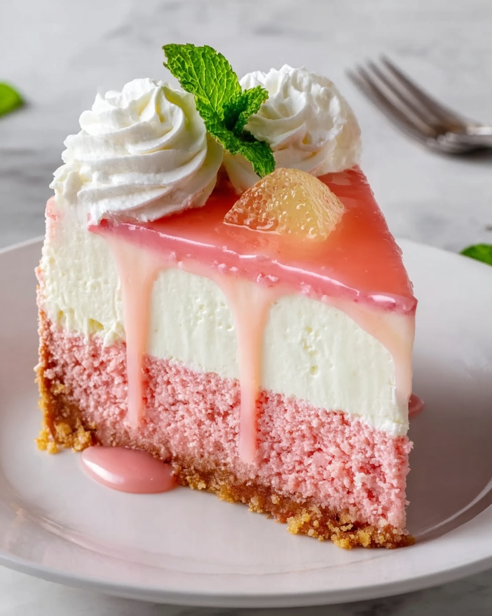 Whole uncut round pink grapefruit mousse cake presented on a large white plate, topped with smooth glossy grapefruit jelly glaze gently dripping down sides, decorated with fresh grapefruit slices and sprigs of mint, showing the entire cake with pristine edges, photographed from a 3/4 angle on a white marble background with natural light, styled as a professional food magazine hero shot, photo taken with an iphone --ar 4:5 --v 7