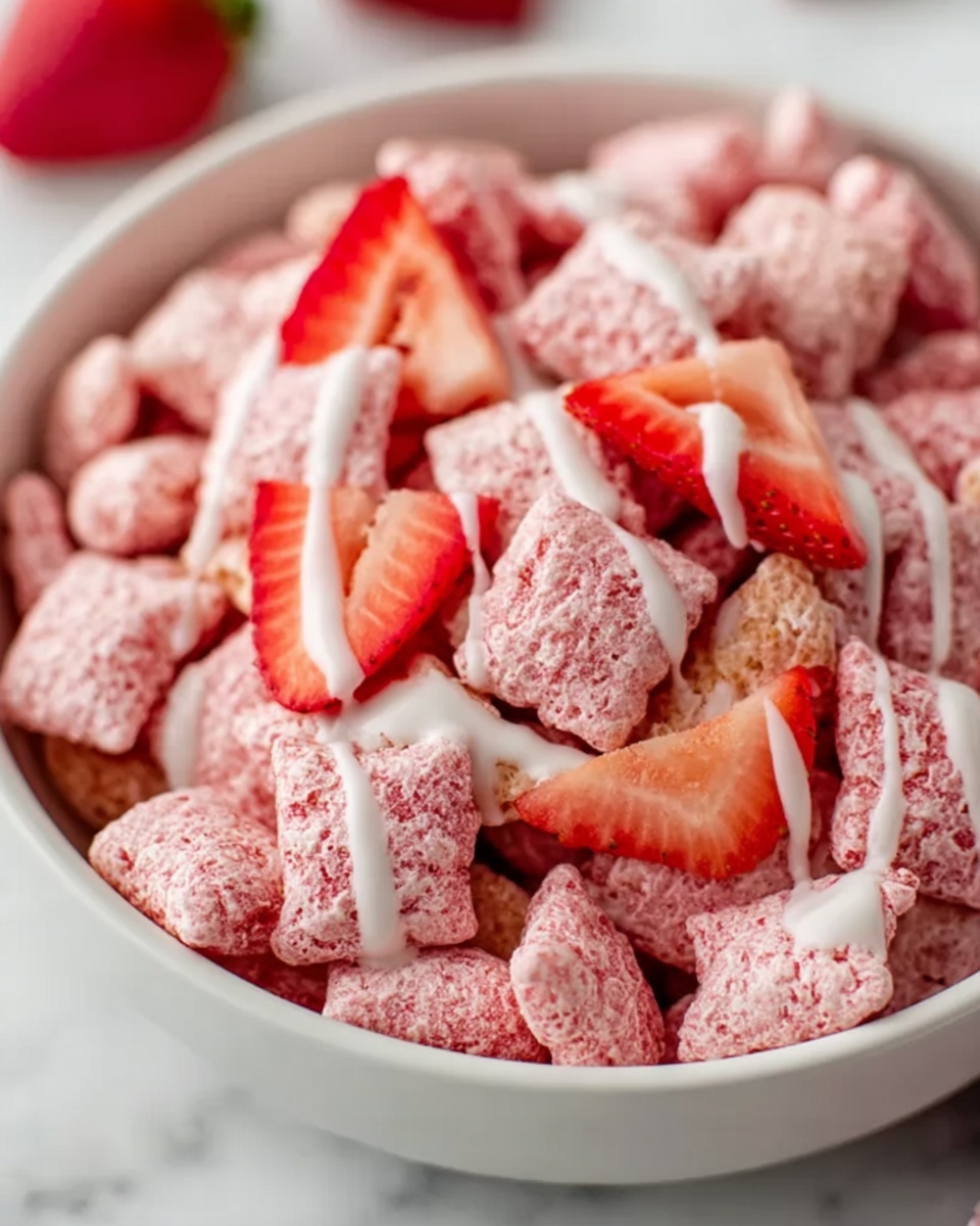 A large white bowl filled to the brim with pink strawberry-flavored crispy cereal squares, scattered with dried strawberry pieces and small dollops of creamy white yogurt, presented as a whole serving with soft natural lighting highlighting the texture, set on a pristine white marble background, professional food magazine hero shot style, photo taken with an iphone --ar 4:5 --v 7