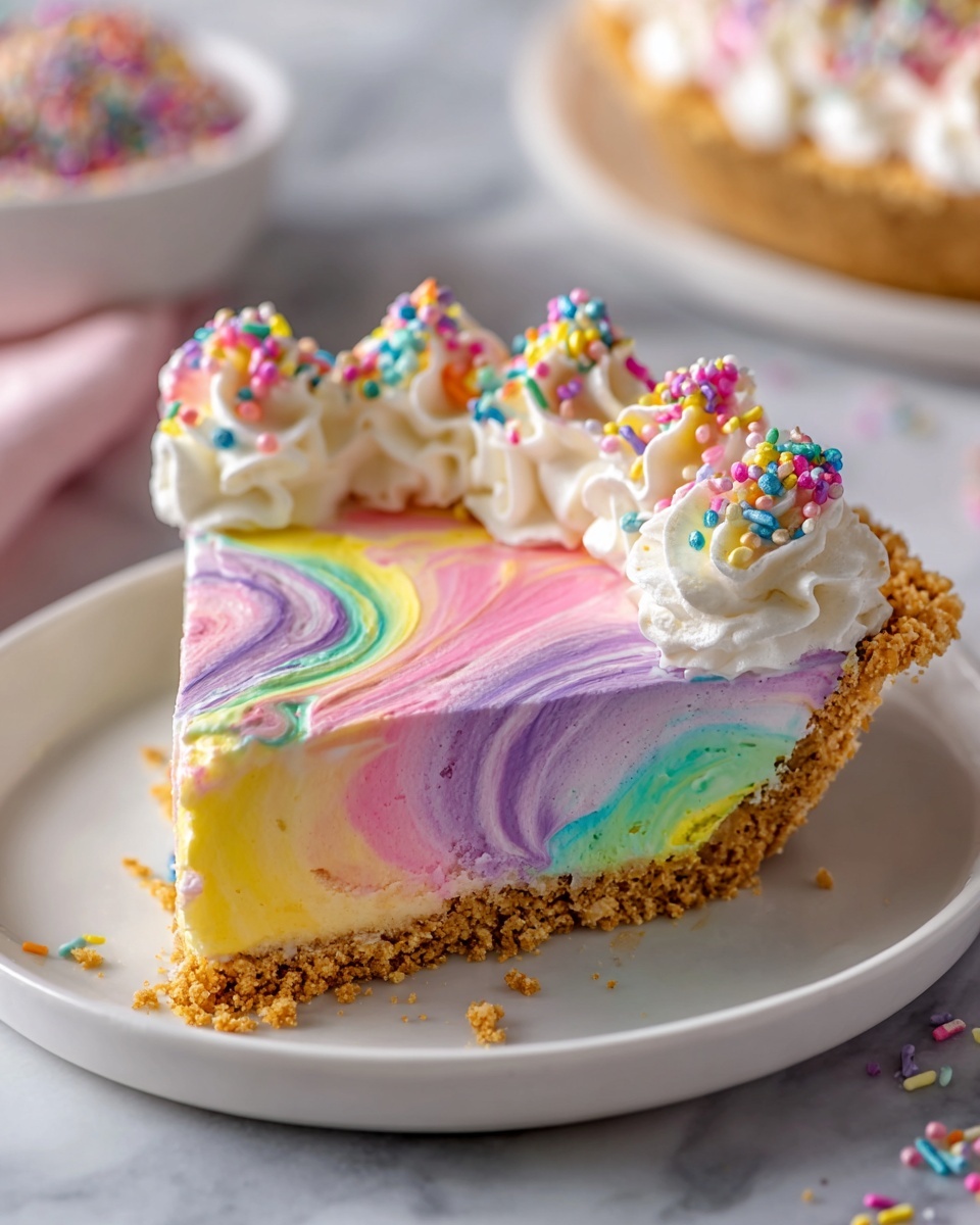 Whole round rainbow swirl pie with a golden graham cracker crust, topped with smooth, vibrant pastel colors swirled together in pink, yellow, purple, and teal gradients, decorated with evenly spaced dollops of white whipped cream around the edge, set on a white plate, photographed from a 3/4 angle on a white marble countertop under natural lighting, professional food magazine hero shot photo taken with an iphone --ar 4:5 --v 7