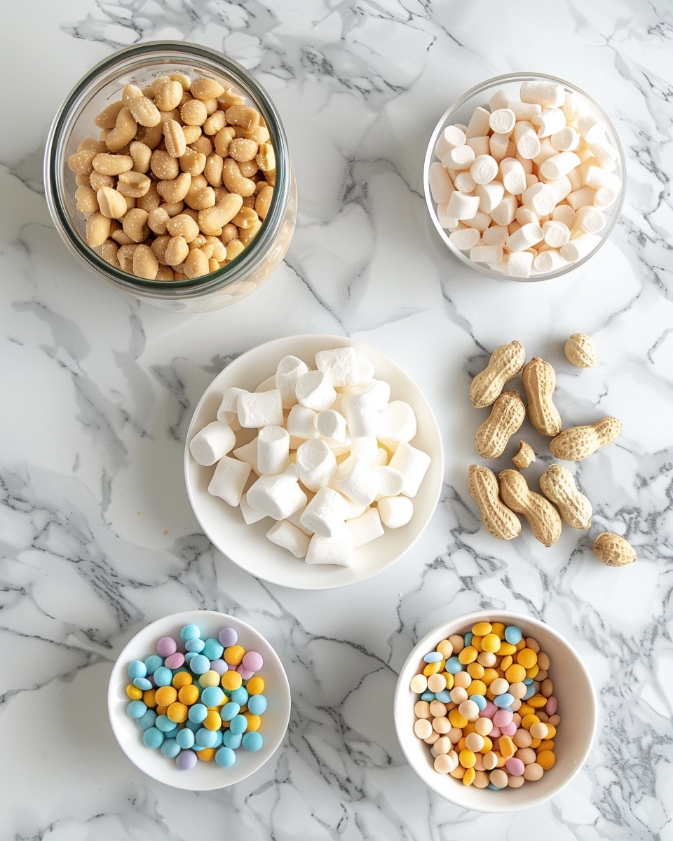 Spring Crockpot Candy Recipe 5 Single white plate holding one colorful no-bake cluster with visible mini pastel candy-coated chocolates and sprinkles on top, showing the textured mix of marshmallows and nuts bound in a creamy white coating, angled close-up view capturing the glossy surface and distinct textures, bright natural light highlighting the vibrant colors, placed on white marble background, styled like a food blog individual serving photo taken with an iphone --ar 4:5 --v 7