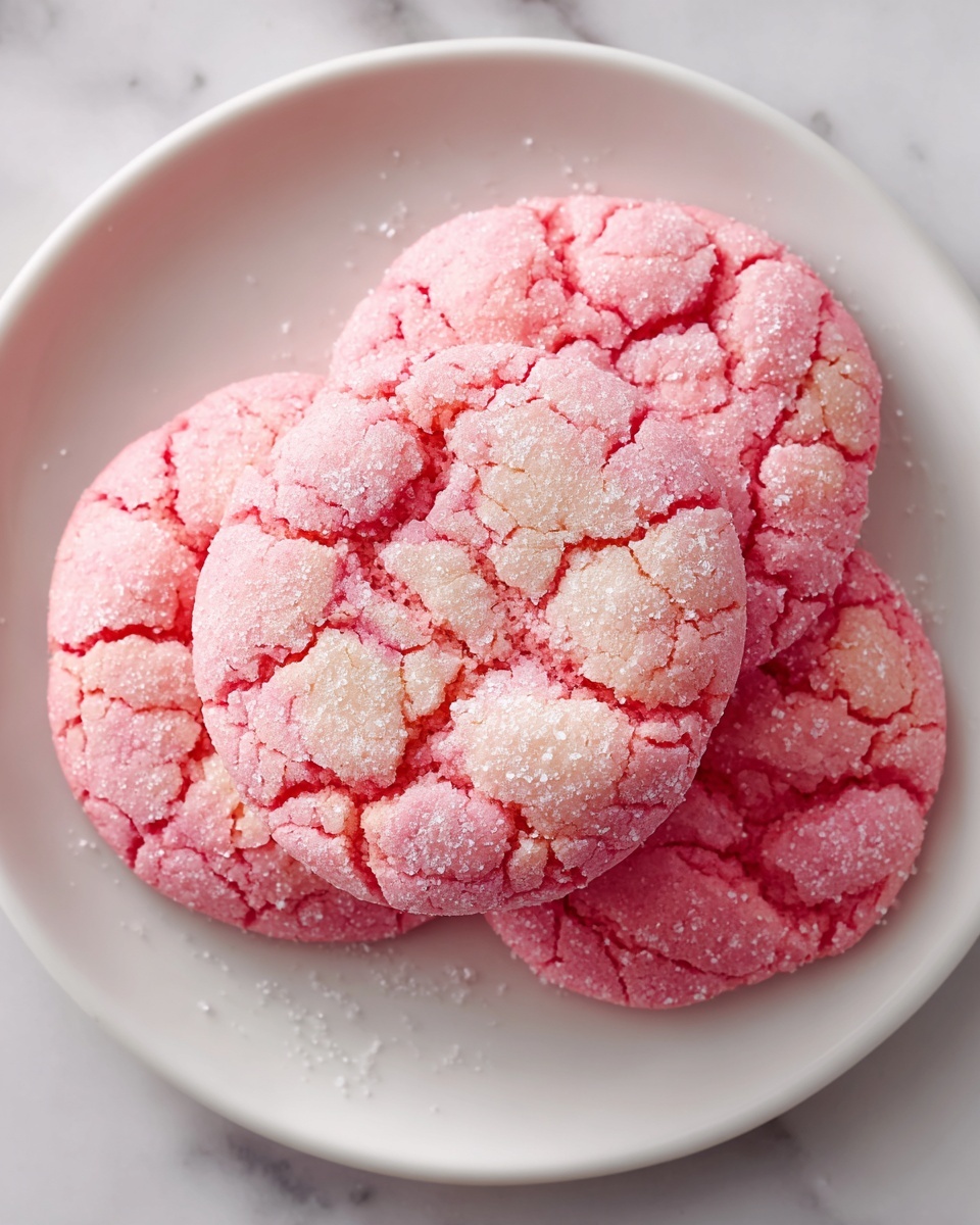 White rectangular serving tray lined with parchment paper, holding a full batch of soft, round pink cookies with cracked surfaces and a delicate dusting of powdered sugar in the center of each, arranged neatly in two rows of four, photographed with natural lighting from a 3/4 angle on a white marble surface, professional food styling photo taken with an iphone --ar 4:5 --v 7