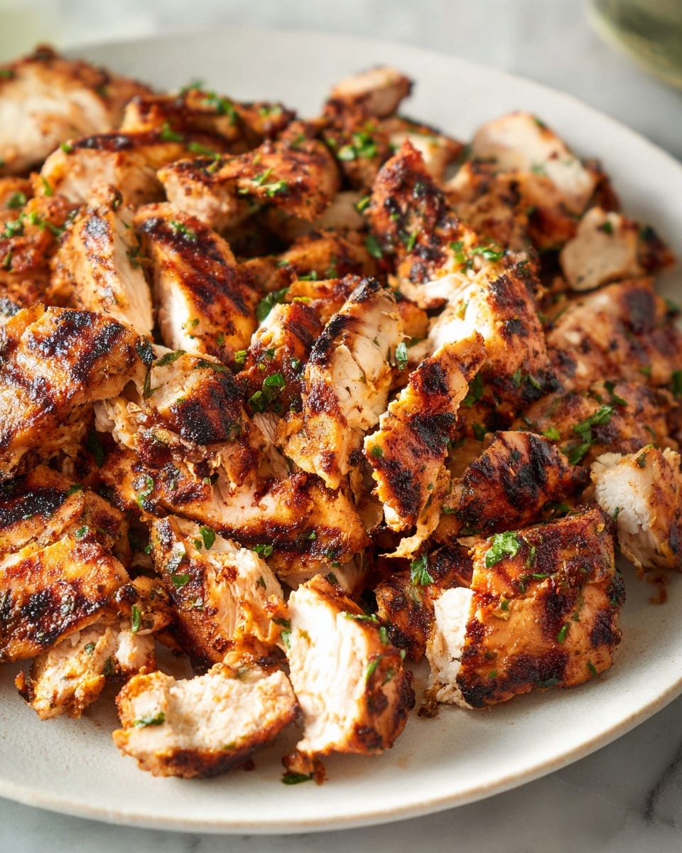 Large white oval serving platter heaped with whole grilled seasoned chicken thighs, perfectly charred with visible grill marks and sprinkled with fresh chopped cilantro, garnished with lime wedges on the side, photographed at a 3/4 angle on a white marble surface with natural lighting, professional food magazine style hero shot photo taken with an iphone --ar 4:5 --v 7