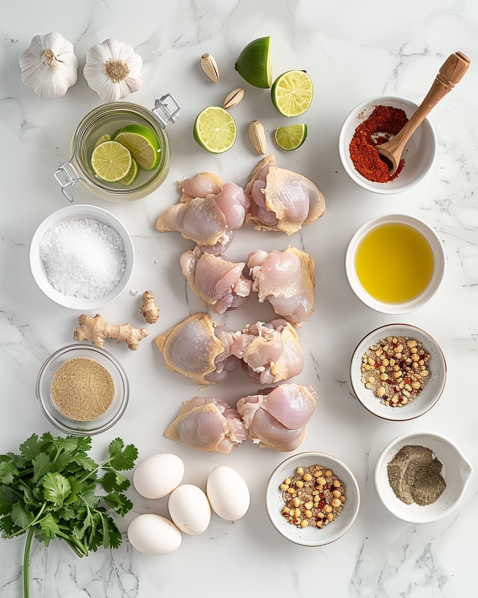 Single white plate featuring one portion of rich peanut curry chicken, showcasing a browned chicken piece bathed in creamy, golden sauce, topped with chopped roasted peanuts, thin red chili slices, and fresh cilantro leaves, garnished with lime wedges on the side, close-up angled shot emphasizing the sauce texture and tender meat, set on a white marble background with natural light, styled like a food blog serving, photo taken with an iphone --ar 4:5 --v 7