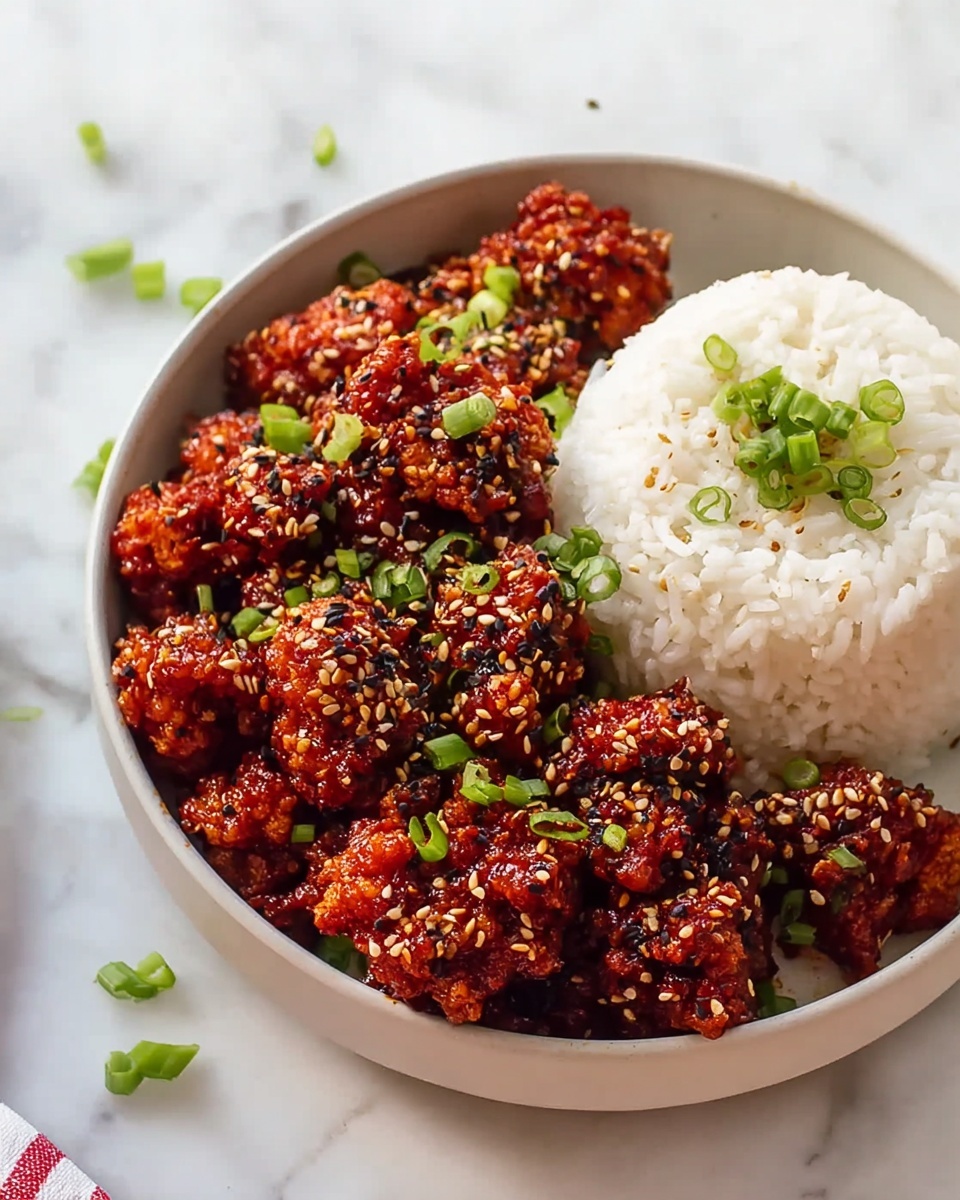Large white bowl filled with a generous full serving of sticky glazed cauliflower coated in a rich, shiny red sauce, garnished abundantly with sliced green onions and sprinkled with black and white sesame seeds, accompanied by a large portion of fluffy white steamed rice also sprinkled with sesame seeds and green onions, arranged alongside a second equally full white bowl of the same sauced cauliflower, both placed on a white marble countertop with natural lighting, captured in a professional food styling photo taken with an iphone --ar 4:5 --v 7