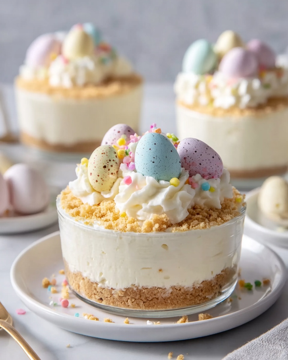 A white marble countertop showcasing a large white serving tray filled with multiple glass jars of classic no-bake cheesecake, each jar layered with a thick golden graham cracker crust, creamy white cheesecake filling, topped with swirls of whipped cream, sprinkled with pastel-colored nonpareil sprinkles, and adorned with speckled mini chocolate eggs in soft pastel hues of pink, blue, purple, and yellow; the entire arrangement is styled as a festive Easter dessert spread, captured from a professional 3/4 angle shot, natural lighting, emphasizing the texture and colors, photo taken with an iphone --ar 4:5 --v 7