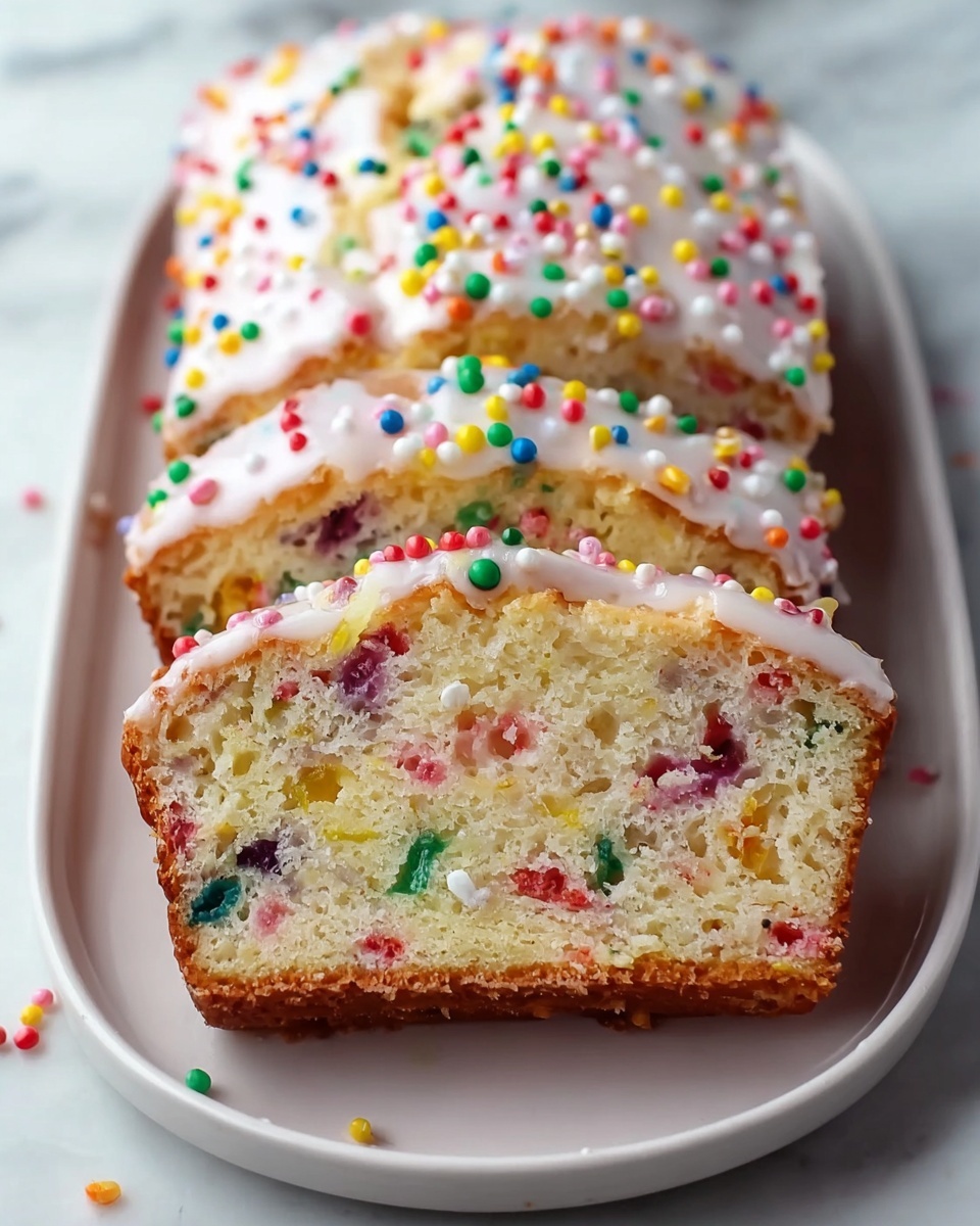Easy Birthday Pound Cake Recipe 6 Whole white rectangular serving platter displaying an entire uncut funfetti cake loaf, topped with glossy white icing and generously sprinkled with colorful round sprinkles in red, blue, green, pink, yellow, and orange, the cake itself featuring vibrant confetti-like dots evenly throughout its moist crumb, photographed from a 3/4 angle with a clean white marble background, natural lighting highlighting the smooth icing and bright sprinkles, professional food magazine hero shot photo taken with an iphone --ar 4:5 --v 7