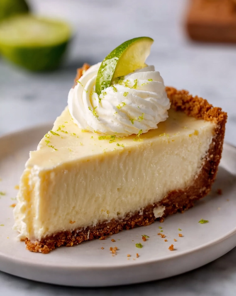 Gluten Free Key Lime Pie Recipe 6 A whole, uncut key lime pie presented on a large white plate, featuring a perfectly baked graham cracker crust encasing a smooth, creamy lime filling topped with six evenly spaced dollops of whipped cream, each adorned with a fresh lime slice and sprinkled lightly with lime zest. The pie is styled with a professional, natural lighting setup, shot from a 3/4 angle on a white marble countertop, capturing the vibrant colors and textures in a food magazine hero shot, photo taken with an iphone --ar 4:5 --v 7