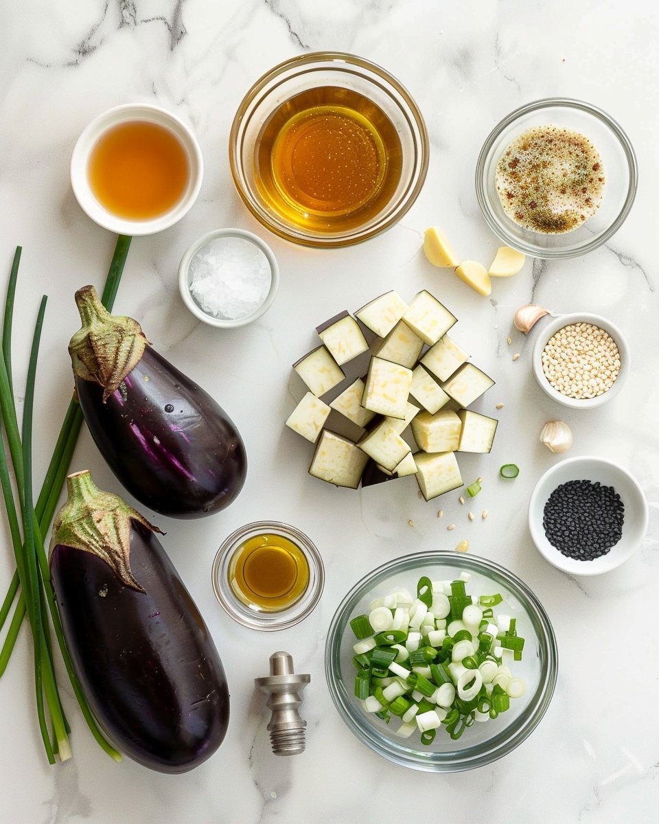 Single white bowl featuring a close-up view of a single portion of glazed, caramelized eggplant cubes, each piece richly coated with a shiny, dark, sticky sauce that highlights the tender texture and slightly charred edges, the eggplant’s soft interior visible through the glossy glaze, steam gently rising from the warm dish, elegantly plated on a clean white marble surface with natural lighting, styled as an intimate food blog serving photo taken with an iphone --ar 4:5 --v 7