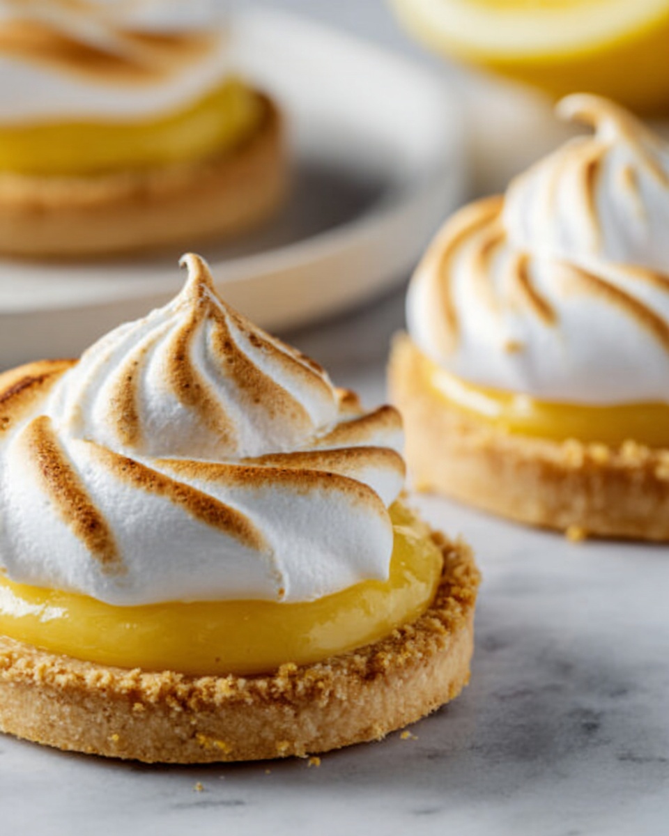 A white rectangular baking tray filled with multiple perfectly baked lemon meringue tarts, each with a golden-brown swirled meringue topping sitting atop a vibrant yellow lemon curd layer and a crisp, golden tart base, arranged neatly on parchment paper. The scene is captured from a 3/4 angle, showcasing the entire tray on a clean white marble countertop with natural lighting, styled as a hero shot for a food magazine, photo taken with an iphone --ar 4:5 --v 7