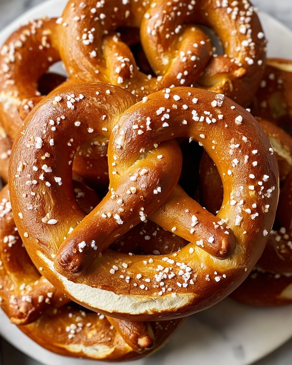 A large white platter filled with multiple whole, golden brown pretzels, each perfectly twisted and generously sprinkled with coarse sea salt crystals, showcasing their shiny, baked crusts and soft interiors; the pretzels are neatly arranged and overlapping slightly on a white marble countertop, photographed at a 3/4 angle with natural lighting, styled as a professional hero shot from a food magazine, photo taken with an iphone --ar 4:5 --v 7