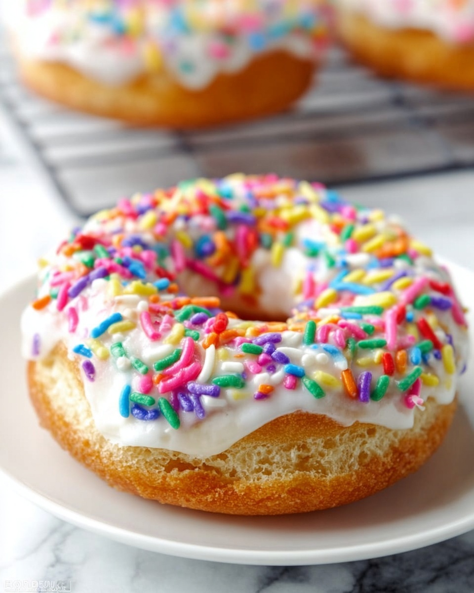 A white rectangular baking tray filled with a full batch of eight glazed donuts, each topped generously with white icing and vibrant rainbow sprinkles, arranged neatly in two rows of four. The donuts appear fluffy and evenly baked, presented on a white marble countertop with natural lighting that highlights the glossy icing and colorful toppings, captured in a professional 3/4 angle hero food magazine style photo taken with an iphone --ar 4:5 --v 7