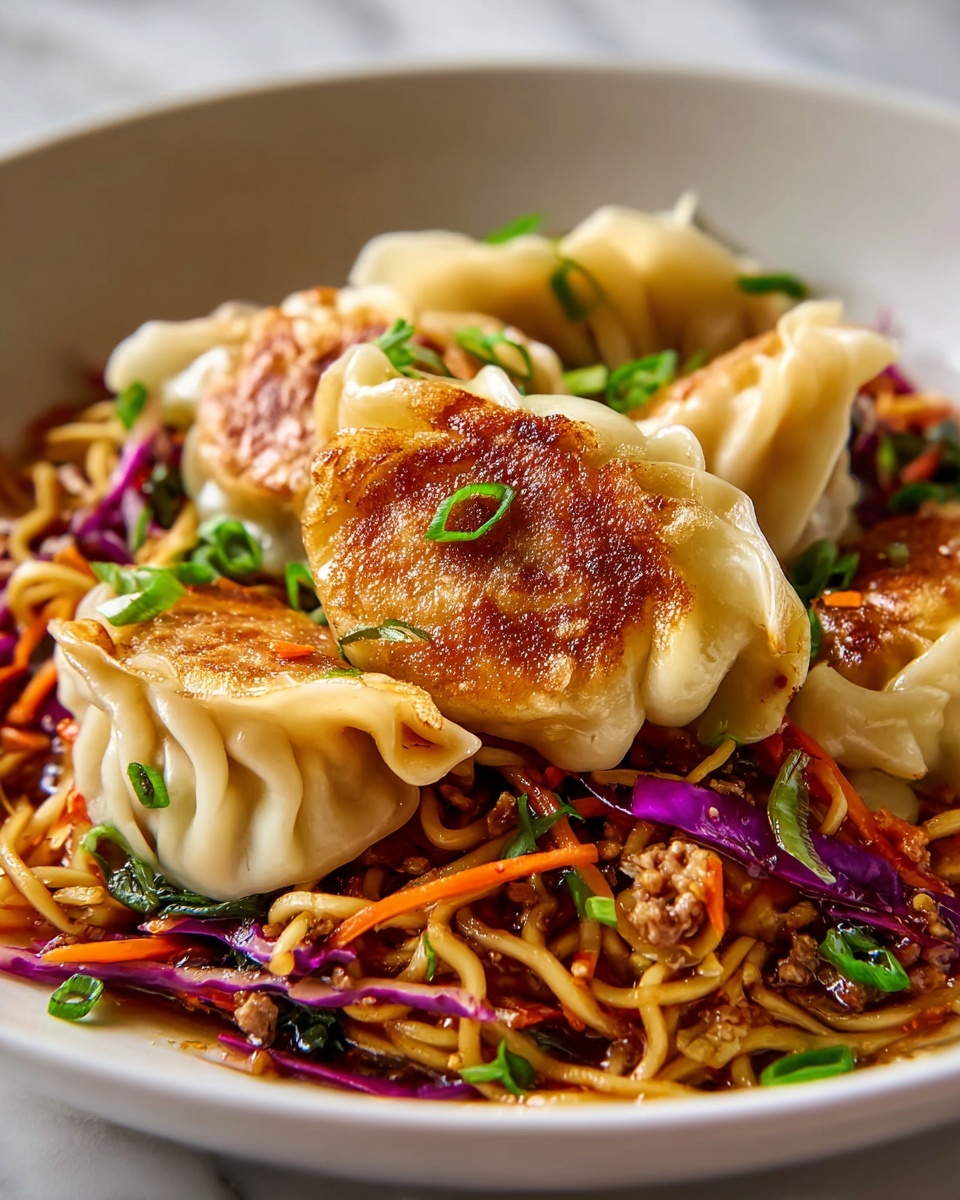 Large black wok filled with a generous serving of pork dumplings, stir-fried noodles, bright green snap peas, shredded carrots, and purple cabbage, all glistening with a savory sauce, highlighting the vibrant mix of textures and colors, all presented in the whole cooking vessel without any portion removed, shot at a 3/4 angle on a white marble countertop with natural lighting, professional food magazine style photo taken with an iphone --ar 4:5 --v 7