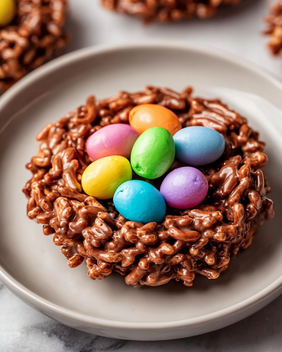 White plate filled with an assortment of chocolate crispy nests, each delicately molded into round cup shapes made from puffed rice cereal coated in rich chocolate, topped with colorful candy-coated chocolate eggs in vibrant shades of blue, yellow, green, and orange, showcasing a full serving of multiple nests arranged closely together, photographed from a 3/4 angle on a white marble countertop with natural lighting, professional food styling, photo taken with an iphone --ar 4:5 --v 7