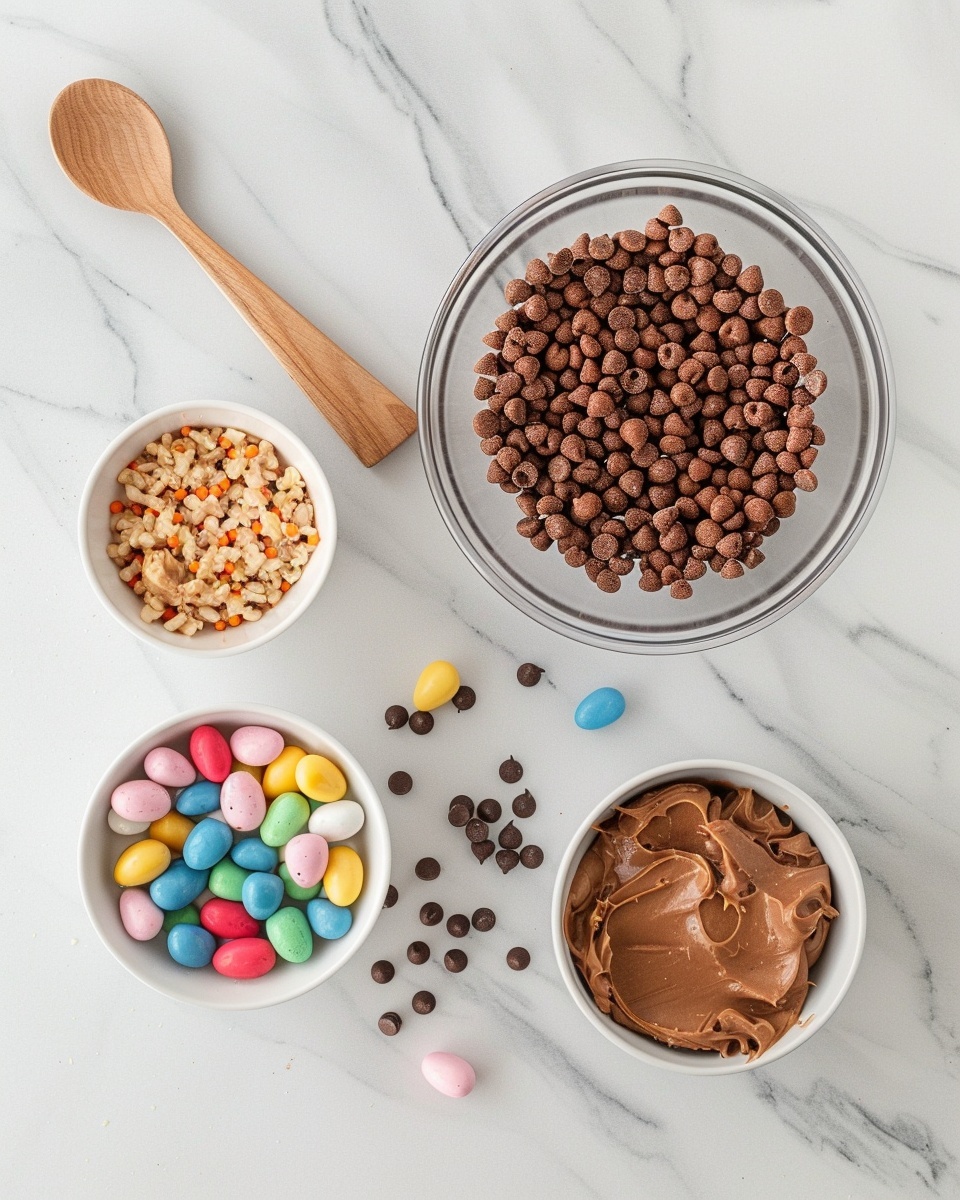 Single white plate holding one chocolate rice puff nest cluster adorned with vibrant pastel candy-coated chocolate eggs nestled in the center, close-up angle emphasizing the glossy chocolate coating the puffed cereal strands, textured interior visible where pieces overlap, natural lighting on a white marble background, styled intimate plated serving photo taken with an iphone --ar 4:5 --v 7
