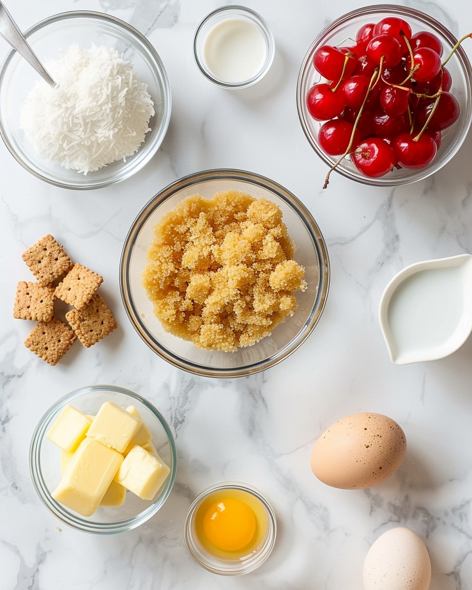 Pina Colada Seven Layer Bars Recipe 5 Single white plate holding a single square slice of coconut cherry bar, close-up angled view emphasizing the layered texture with a firm golden crust at the bottom, a moist middle layer studded with bright red cherry pieces, and a slightly toasted coconut topping, a shiny maraschino cherry placed delicately on top, natural lighting highlighting the crumbly and chewy interior, set on a white marble surface, styled as a plated individual serving from a food blog, photo taken with an iphone --ar 4:5 --v 7