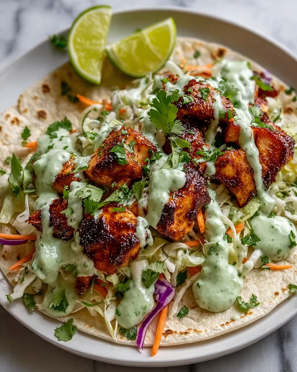 Spicy Lime Fish Tacos Recipe 6 Large white plate displaying a whole, freshly assembled tortilla wrap generously topped with multiple portions of charred, seasoned fish chunks, layered on a bed of vibrant shredded cabbage and julienned vegetables, drizzled evenly with creamy green herb sauce and garnished with chopped fresh cilantro, accompanied by a halved lime for an added citrus touch, all photographed from a 3/4 angle with natural lighting on a white marble background, professional food magazine hero shot, photo taken with an iphone --ar 4:5 --v 7