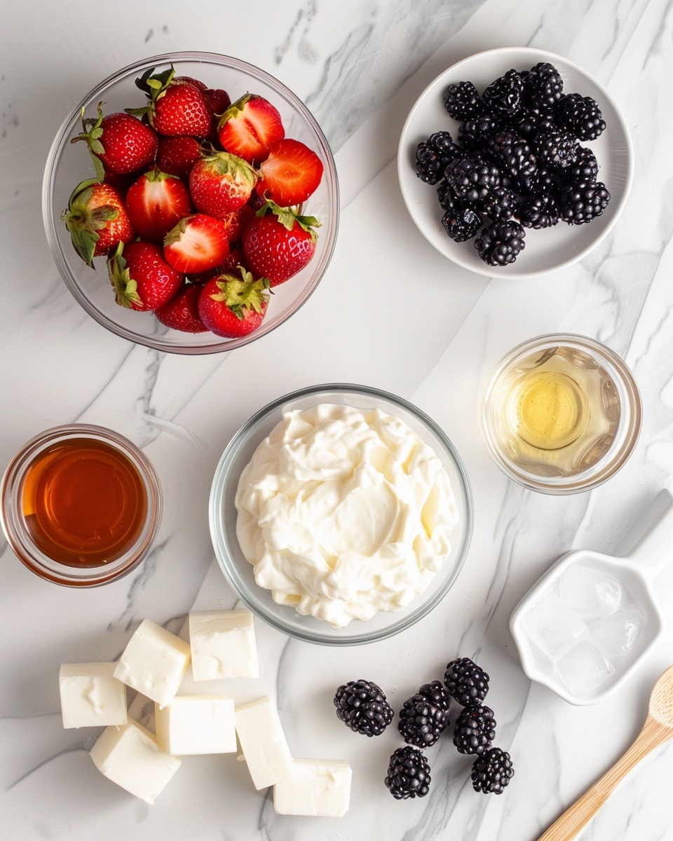 Single white plate featuring a close-up of one smooth, cube-shaped frozen berry yogurt bite speckled with visible bits of blueberries and blackberries inside, with a delicate frost coating highlighting the creamy textured interior, garnished simply with a fresh whole blueberry and a blackberry beside it, placed on a white marble surface under natural lighting, styled as a ready-to-eat individual portion, intimate food blog style photo taken with an iphone --ar 4:5 --v 7