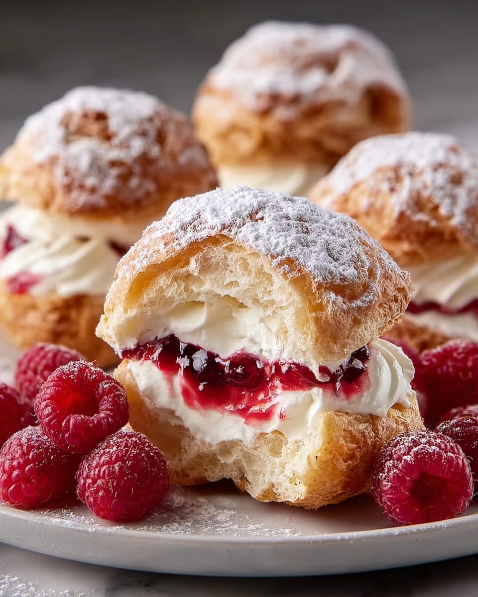 Cream Cheese Filled Raspberry Puffs Recipe 6 Stacked tower of golden cream puffs dusted generously with powdered sugar, each filled with swirls of rich vanilla cream and vibrant raspberry jam, surrounded by fresh raspberries atop a white marble surface, captured in natural light with professional food styling from a 3/4 angle showing the entire piled dessert in a rustic yet elegant presentation; photo taken with an iphone --ar 4:5 --v 7