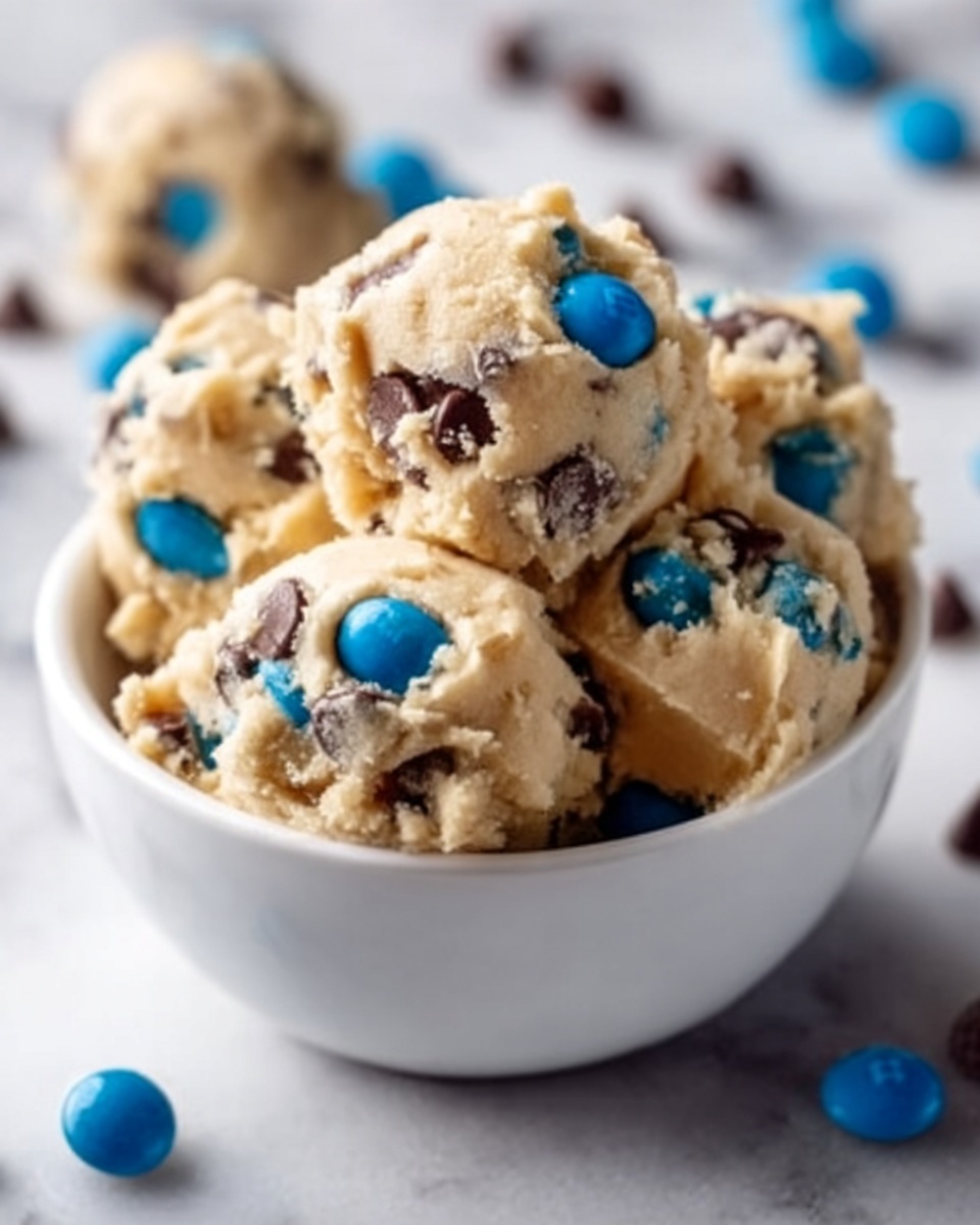 Large white ceramic bowl filled with a generous serving of chocolate chip cookie dough, showcasing abundant semi-sweet chocolate chips and a few colorful candy-coated chocolates scattered throughout, the dough textured with a natural, creamy appearance, photographed from a 3/4 angle on a white marble background with natural lighting, styled as a hero shot for a food magazine, photo taken with an iphone --ar 4:5 --v 7