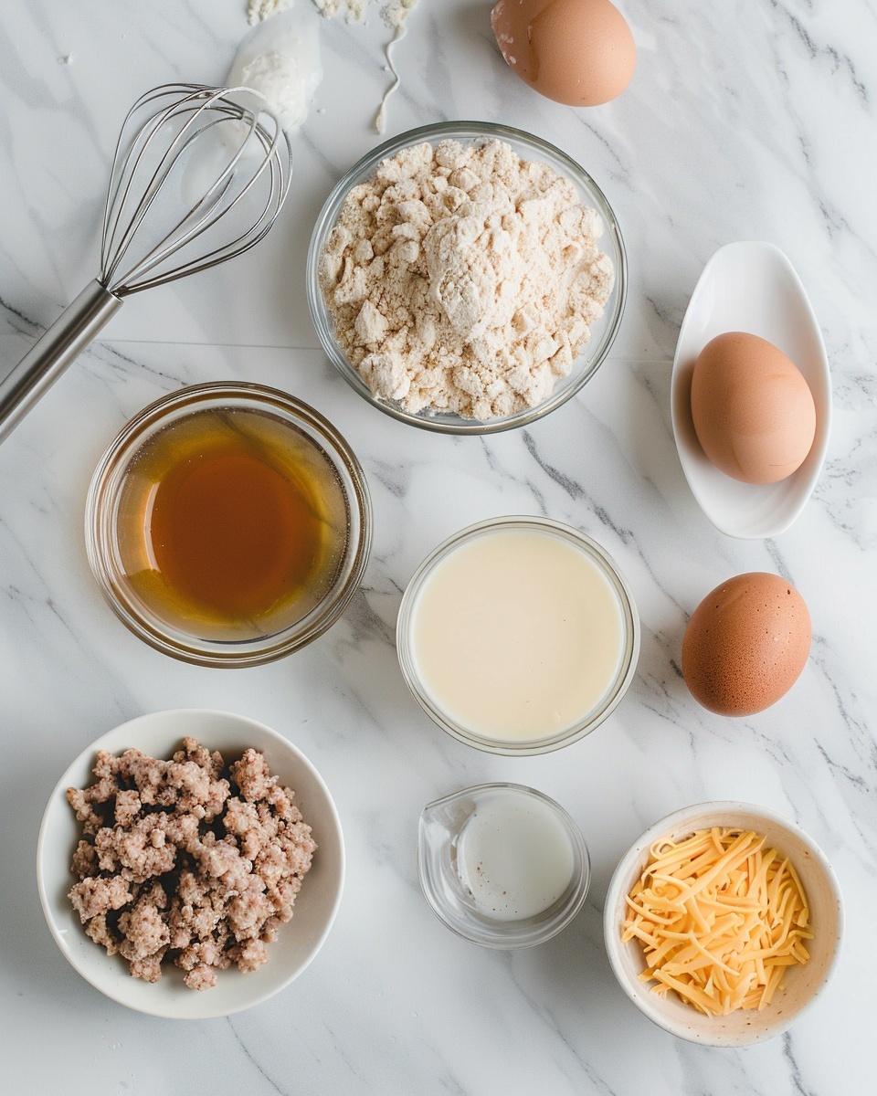 Single white plate with one savory breakfast muffin showcased, cut open to reveal fluffy interior filled with crumbled sausage bits and melted cheddar cheese, golden-brown edges and slightly crispy texture visible, close-up angle emphasizing the layers of egg, cheese, and sausage nestled together, natural lighting highlighting the warm, inviting tones, placed on white marble surface, intimate plated serving photo taken with an iphone --ar 4:5 --v 7