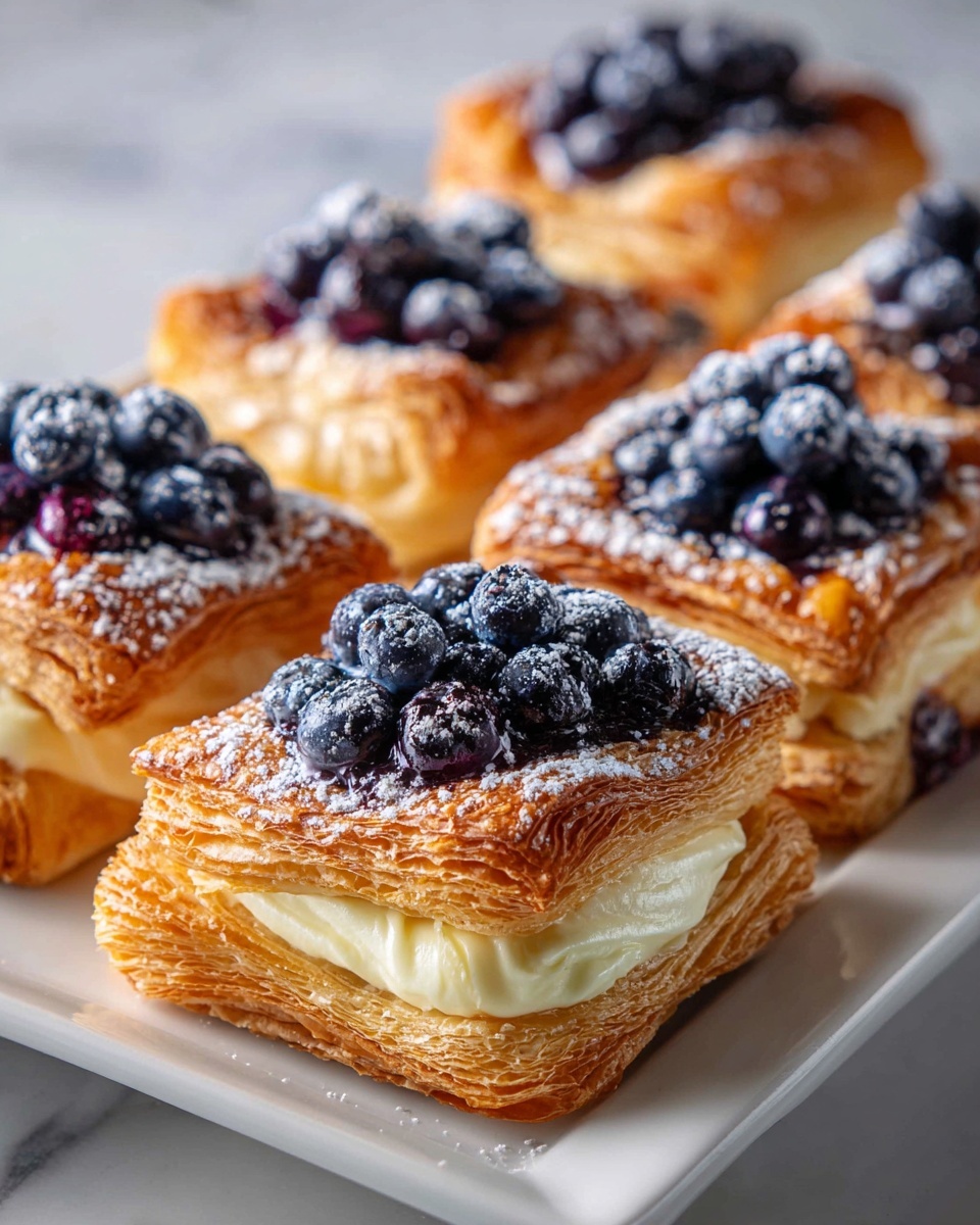 30-Minute Berry Cheese Puff Pastries – Irresistibly Flaky Delight Recipe 6 Large white rectangular platter displaying a complete set of freshly baked blueberry cream cheese Danish pastries, each square-shaped puff pastry layered with golden, flaky crusts filled generously with smooth cream cheese and topped with plump blueberries and a dusting of powdered sugar, arranged neatly to showcase their uniform shape and texture, photographed from a 3/4 angle on a white marble surface, natural lighting highlighting the crispness and vibrant colors, professional food magazine hero shot, photo taken with an iphone --ar 4:5 --v 7