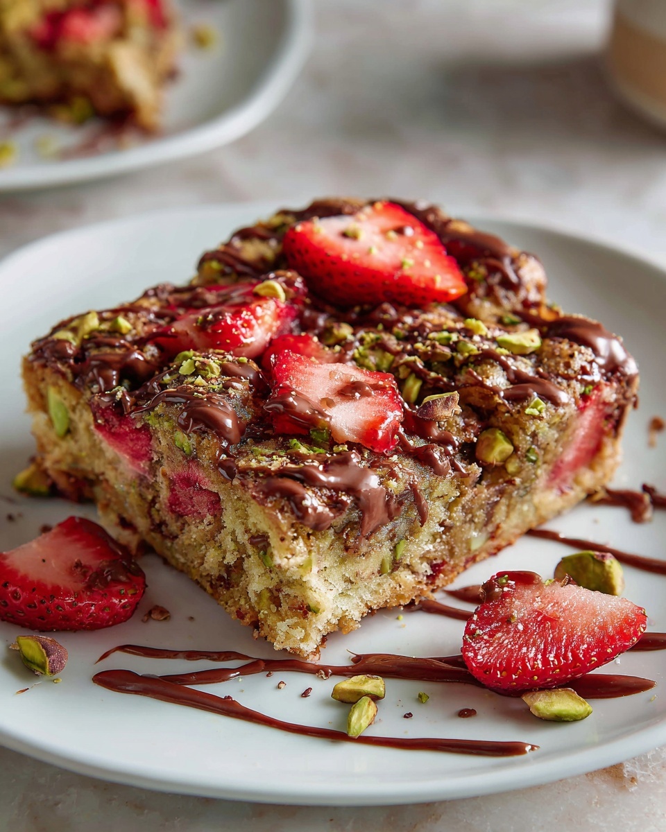 Large white rectangular baking tray filled with a whole uncut batch of strawberry pistachio blondies, generously topped with fresh diced strawberries and beautifully drizzled with melted chocolate, the edges golden brown and the surface textured with vibrant green pistachio pieces, all set on a white marble background with natural lighting, professional 3/4 angle food magazine hero shot, photo taken with an iphone --ar 4:5 --v 7