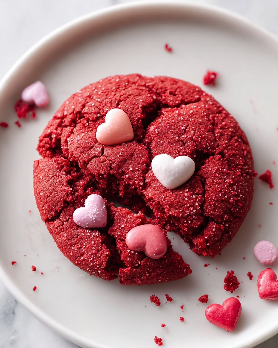 Large white plate heaped with freshly baked red velvet cookies studded generously with vibrant red, pink, and purple candy-coated chocolate pieces, showcasing their soft, slightly cracked texture and rich color, arranged in a comforting pile. The whole batch presented with natural lighting to highlight the cookies' fluffy interior and crisp edges, shot from a 3/4 angle on a white marble surface to emphasize the festive and indulgent appeal, professional food styling photo taken with an iphone --ar 4:5 --v 7