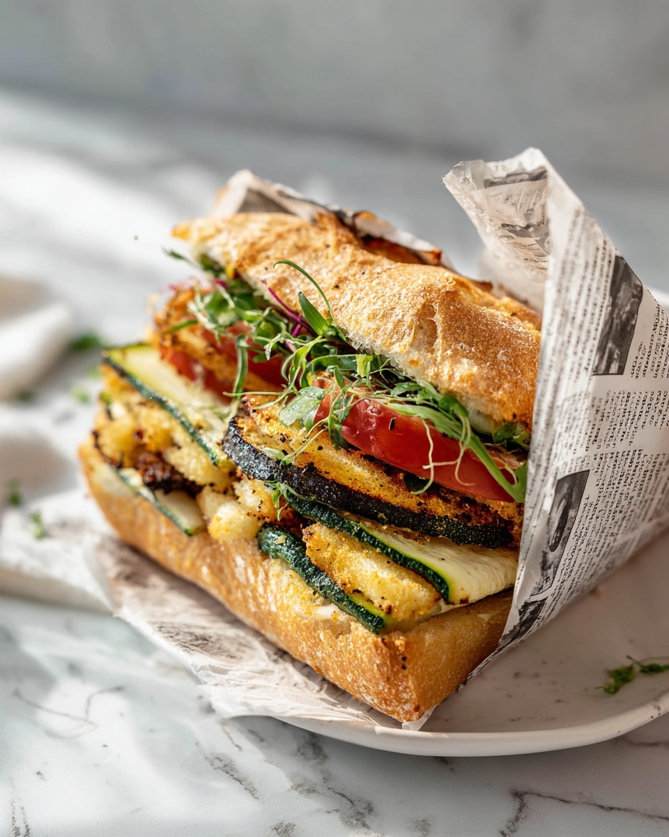 Large white plate showcasing a full, uncut gourmet sandwich wrapped partially in newspaper-style parchment, filled generously with layers of fresh greens, slices of roasted zucchini topped with golden, crispy cheese crisps, and ripe tomatoes visible inside, the whole sandwich neatly arranged to display its full height and texture, photographed at a 3/4 angle on a white marble surface with natural lighting, styled like a professional food magazine hero shot, photo taken with an iphone --ar 4:5 --v 7