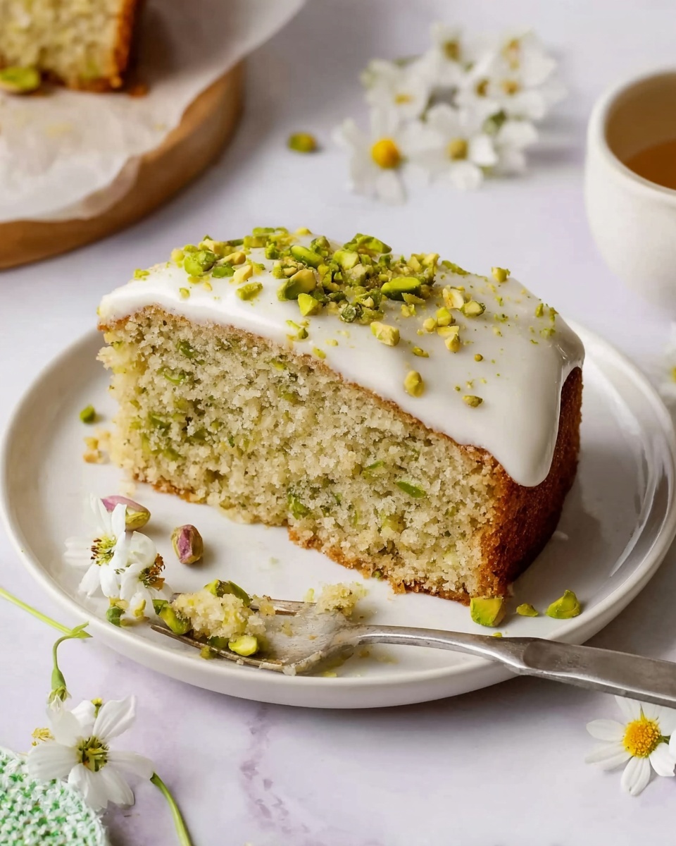 Whole rectangular loaf cake covered with smooth white icing, generously topped with a vibrant scattering of whole and chopped bright green pistachios, displayed on white parchment paper on a white marble surface, captured from an overhead angle with natural lighting for a fresh, professional food magazine hero shot, photo taken with an iphone --ar 4:5 --v 7